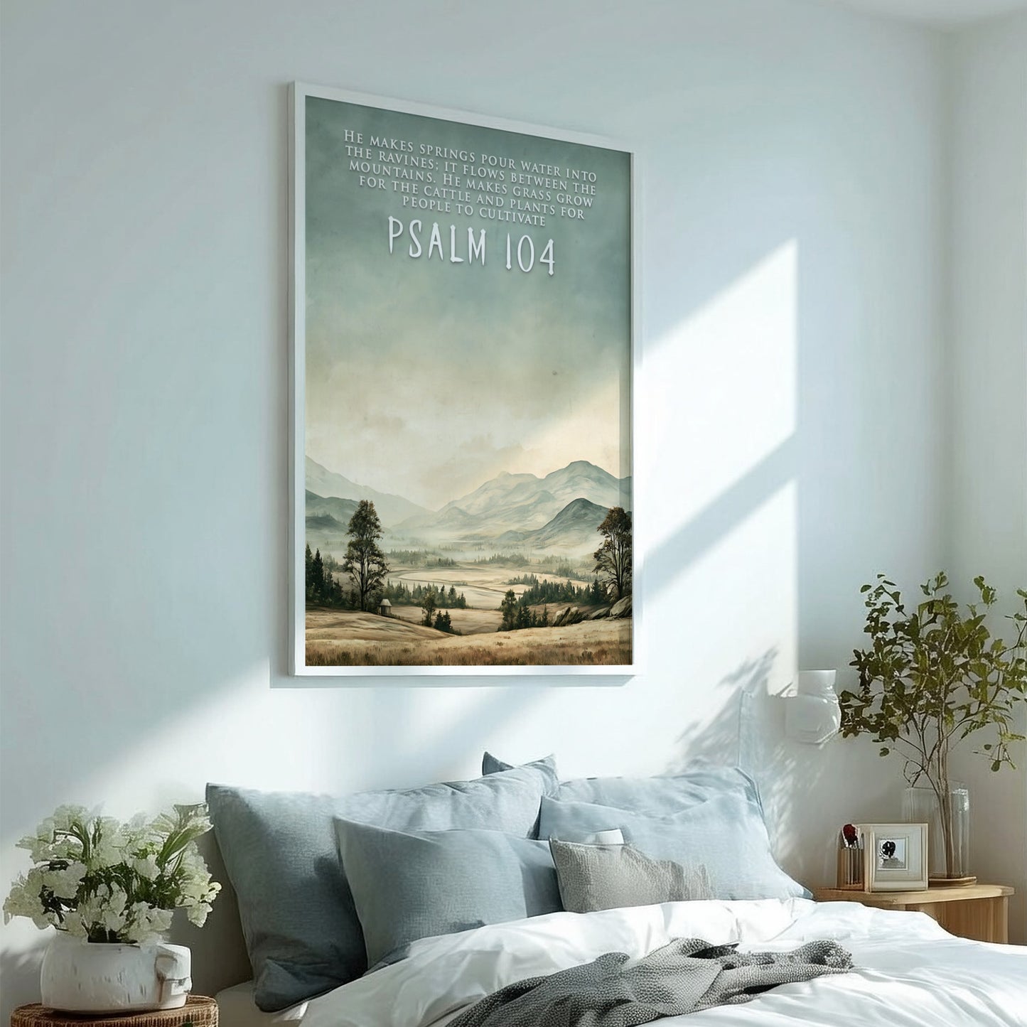 Poster featuring a serene mountain landscape with soft green and earthy brown tones.