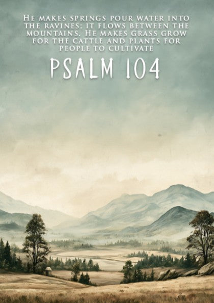 Poster featuring a serene mountain landscape with soft green and earthy brown tones.
