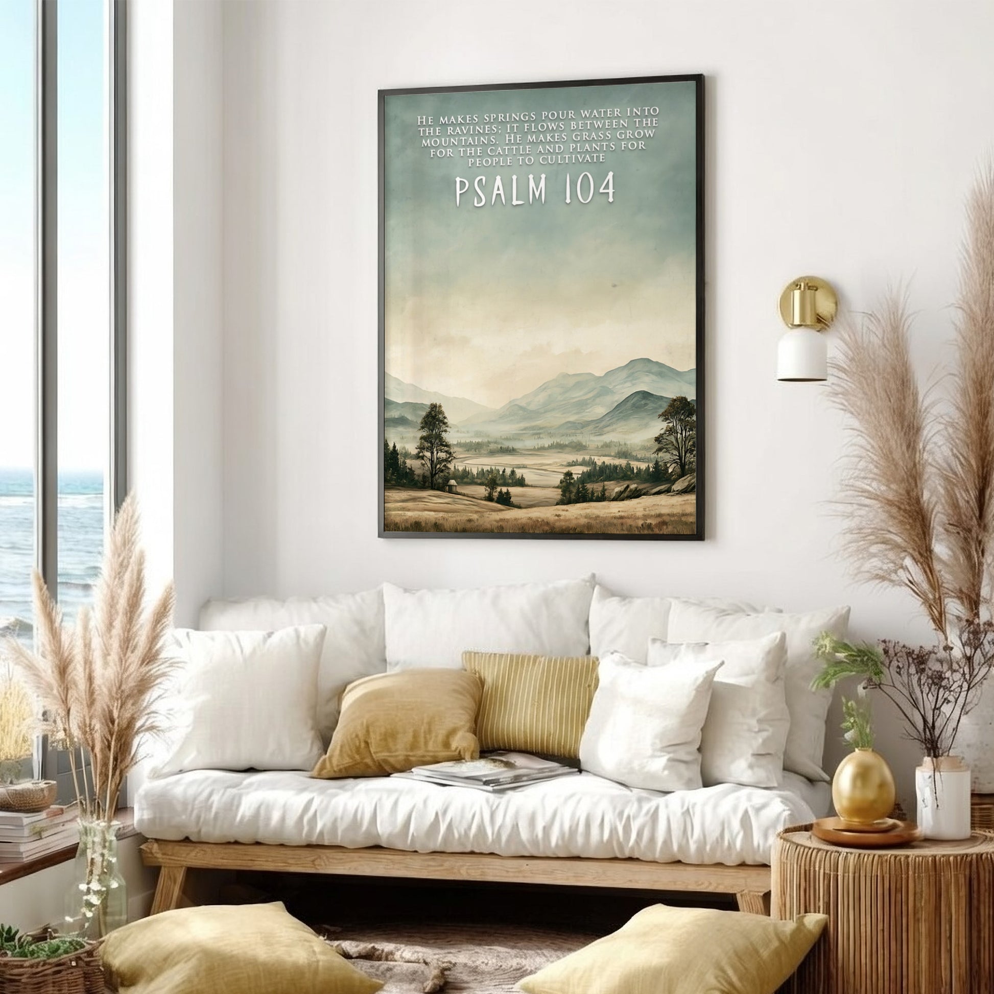 Poster featuring a serene mountain landscape with soft green and earthy brown tones.