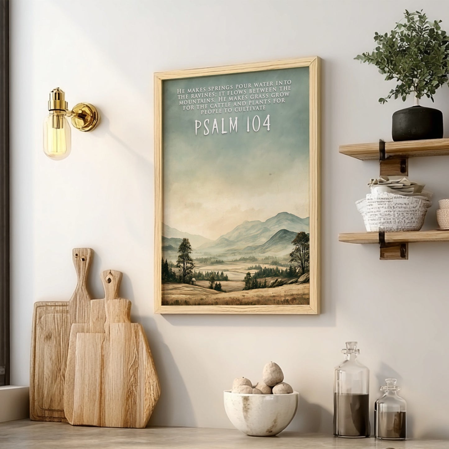 Poster featuring a serene mountain landscape with soft green and earthy brown tones.