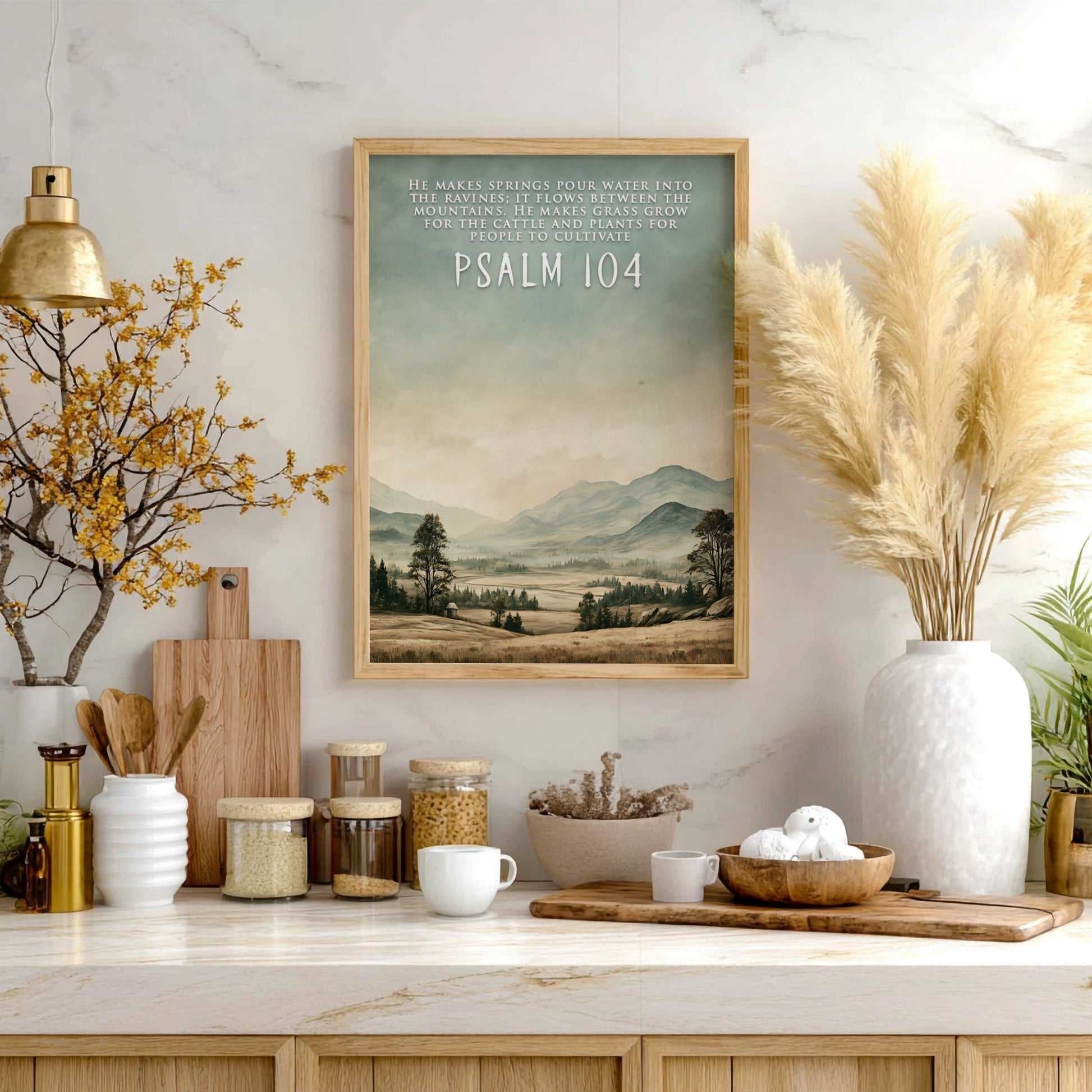 Poster featuring a serene mountain landscape with soft green and earthy brown tones.