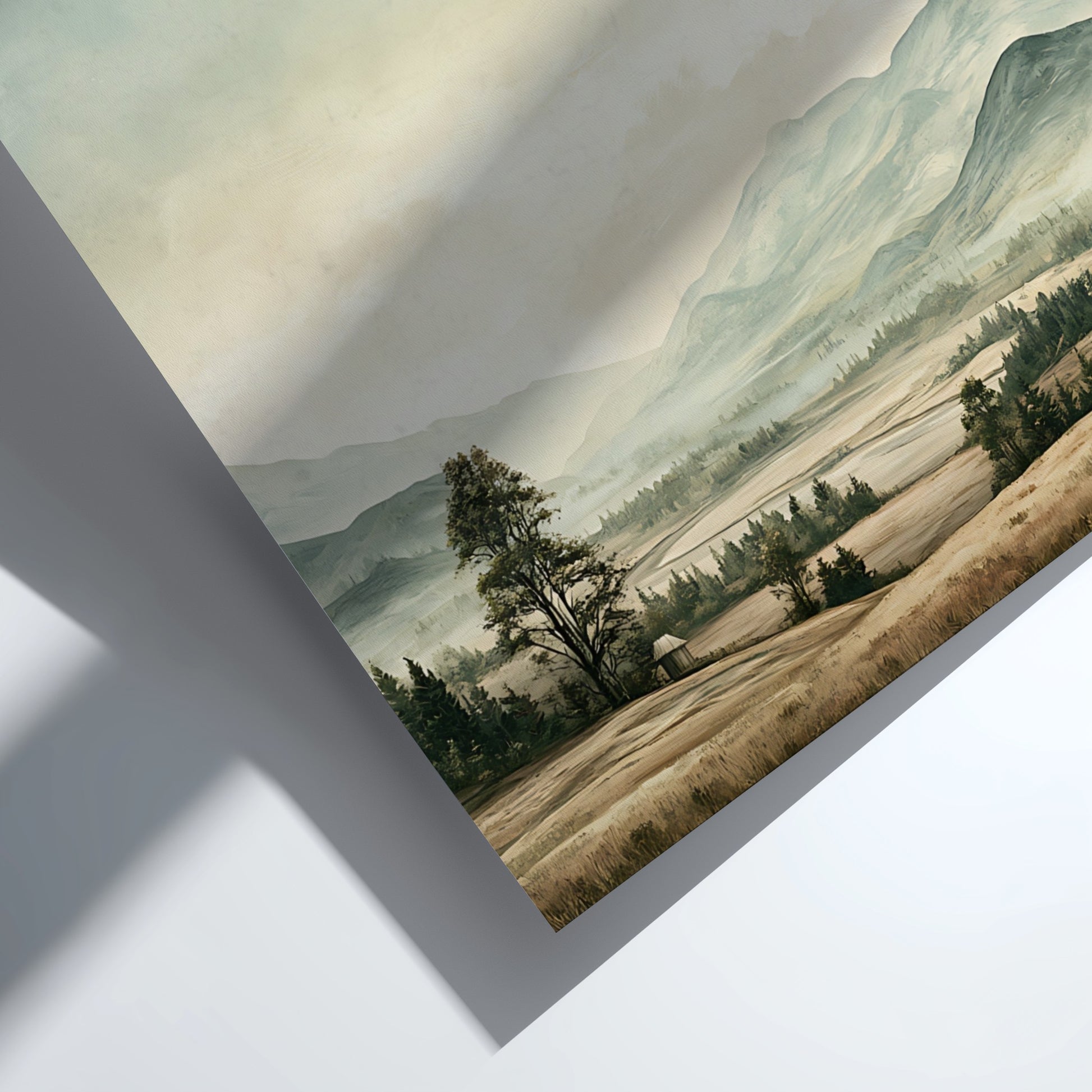 Poster featuring a serene mountain landscape with soft green and earthy brown tones.