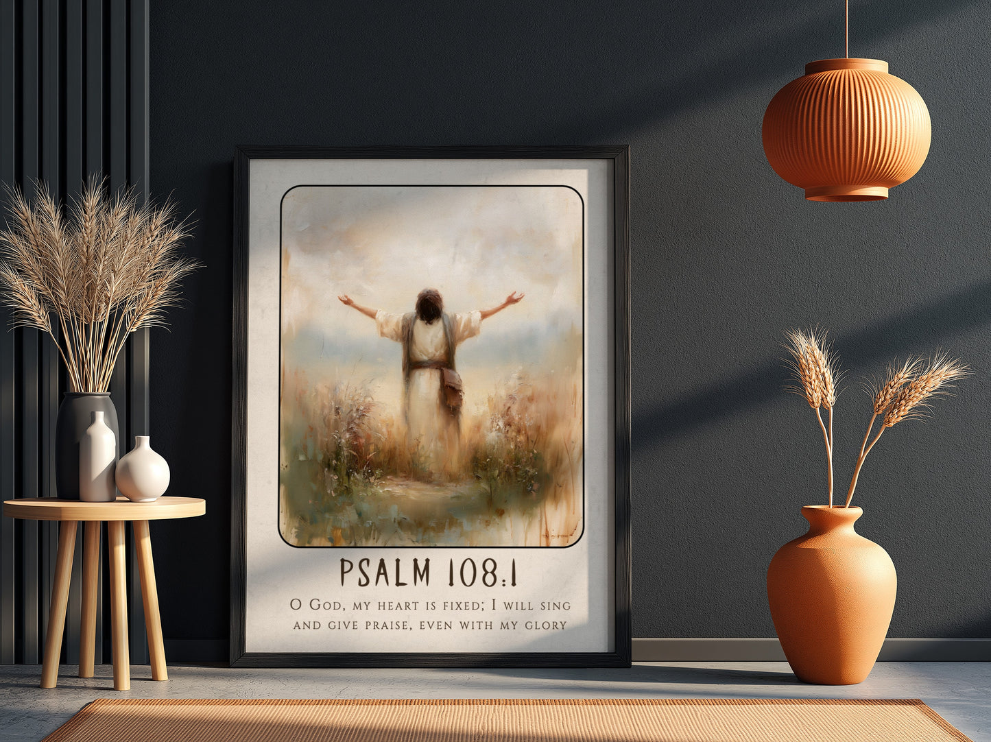 Psalm 108:1 poster featuring a figure in worship with soft colors, inspirational religious artwork for home