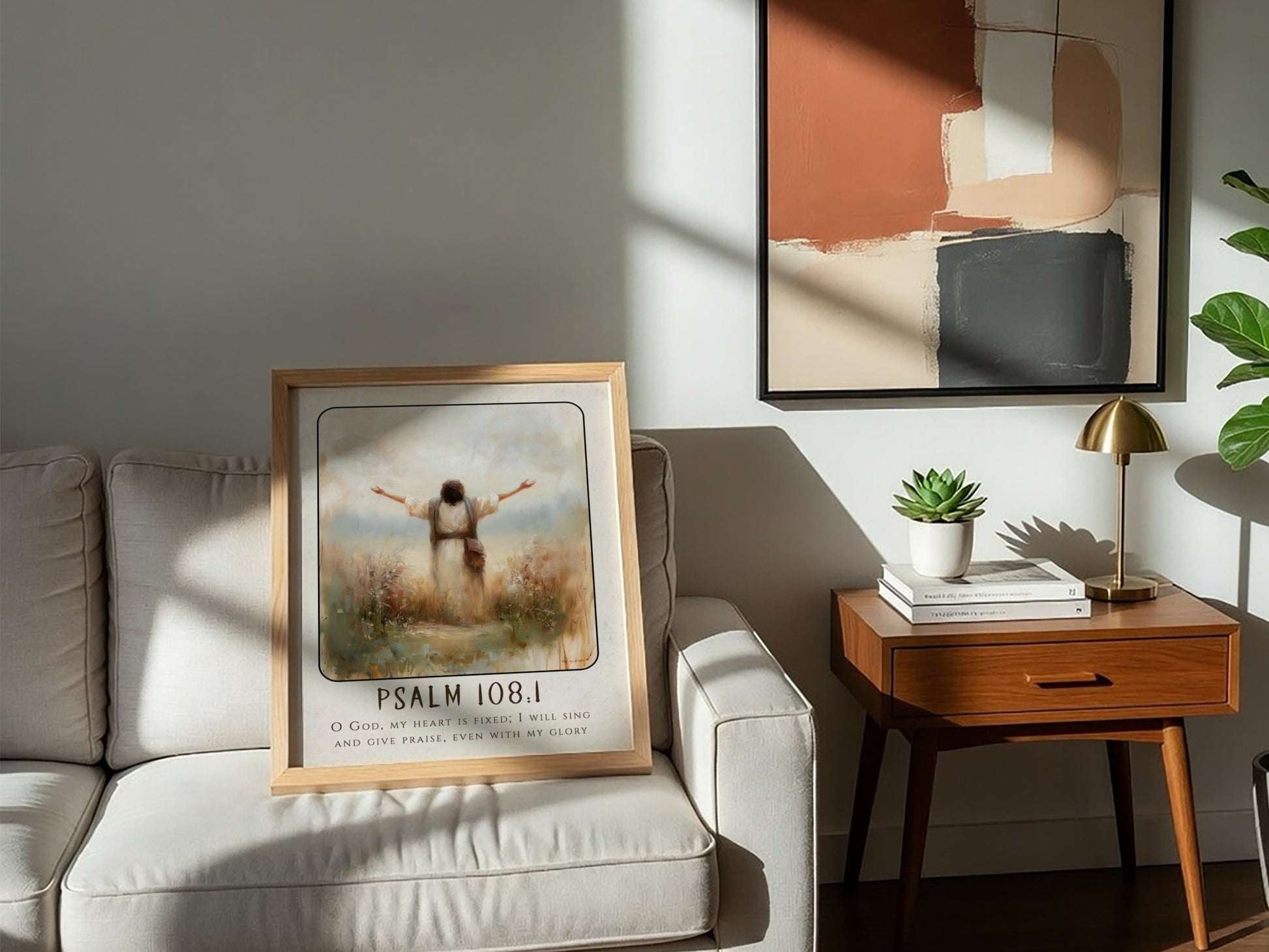 Psalm 108:1 poster featuring a figure in worship with soft colors, inspirational religious artwork for home