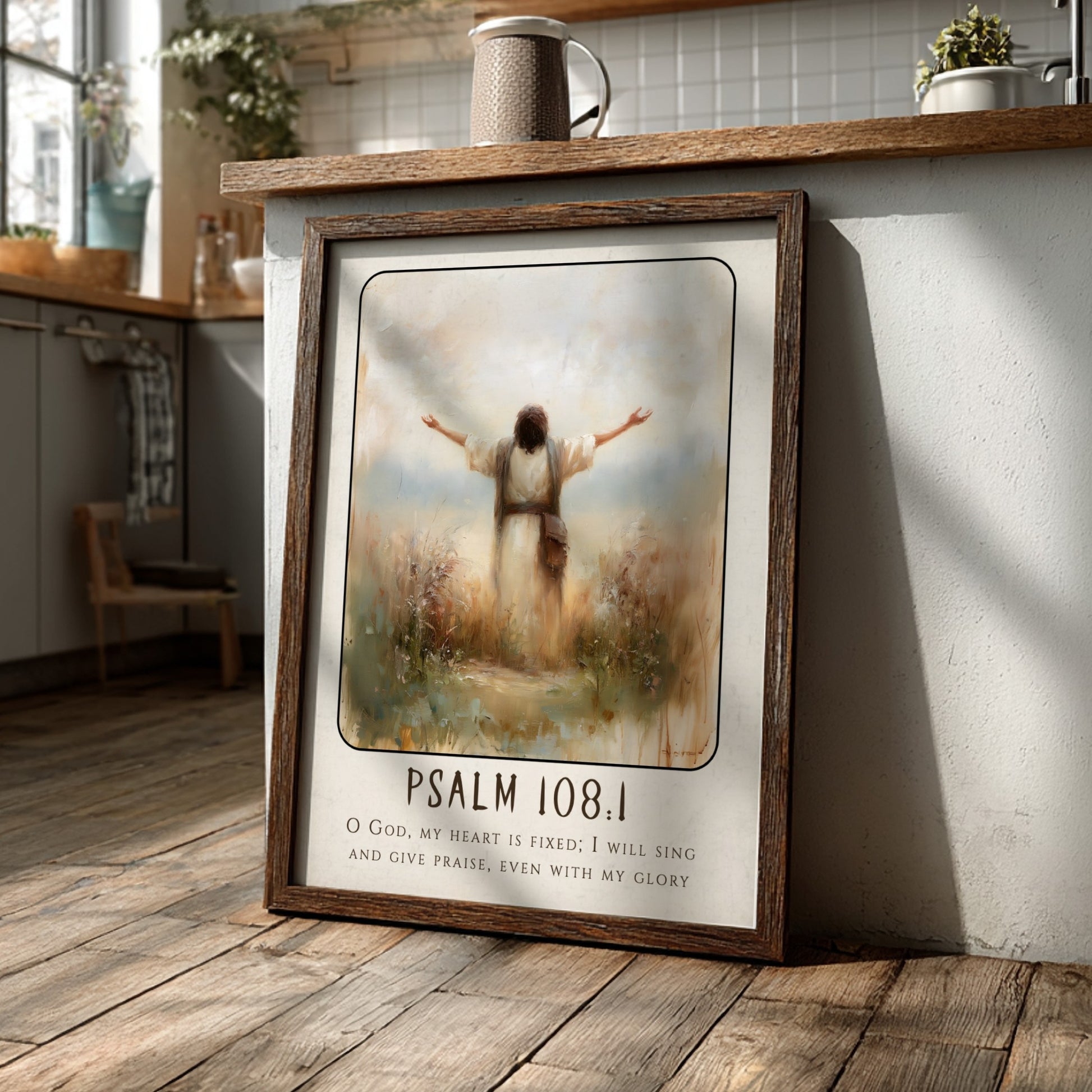 Psalm 108:1 poster featuring a figure in worship with soft colors, inspirational religious artwork for home