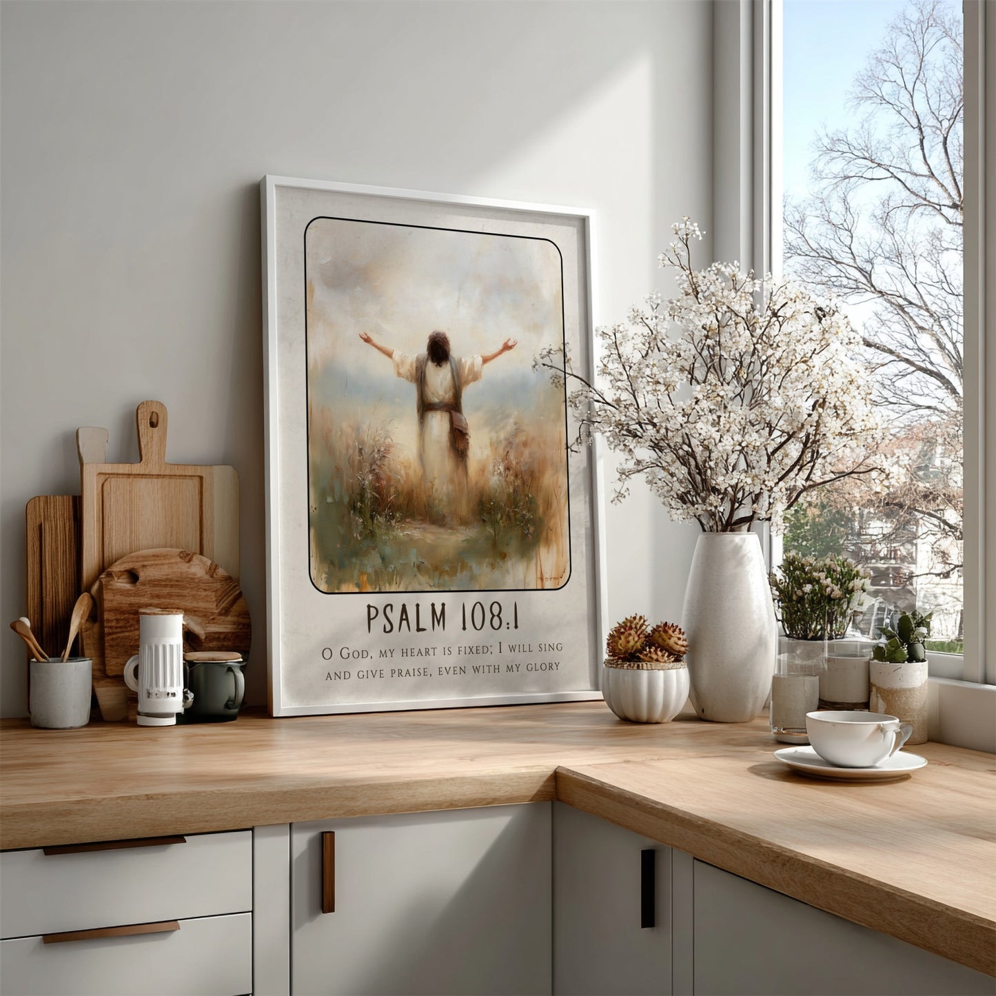 Psalm 108:1 poster featuring a figure in worship with soft colors, inspirational religious artwork for home