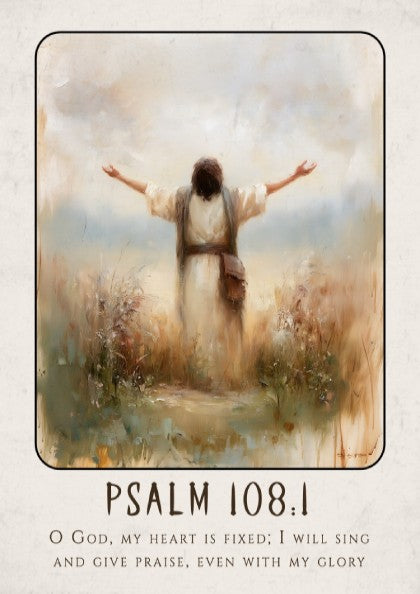 Psalm 108:1 poster featuring a figure in worship with soft colors, inspirational religious artwork for home