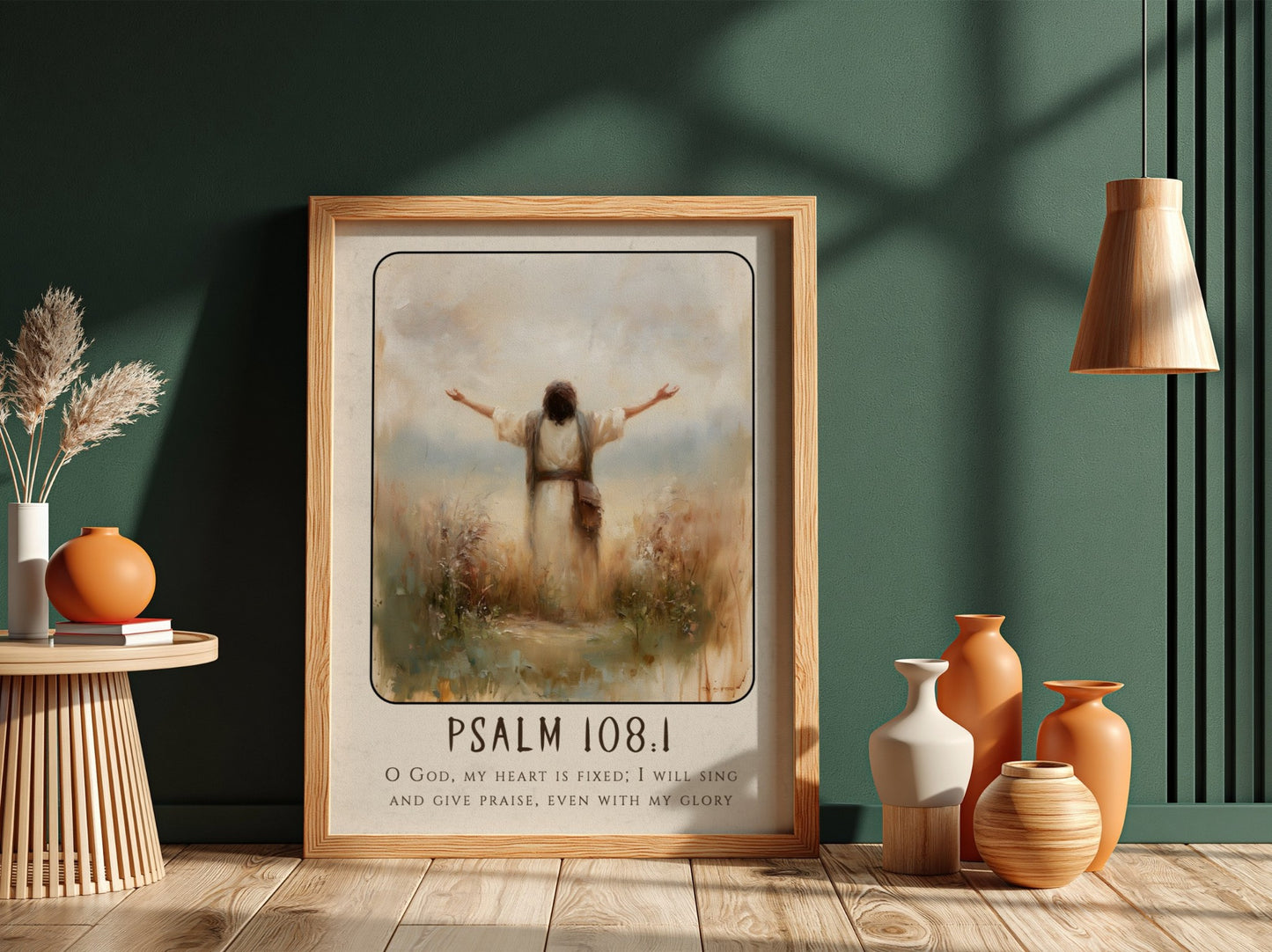 Psalm 108:1 poster featuring a figure in worship with soft colors, inspirational religious artwork for home