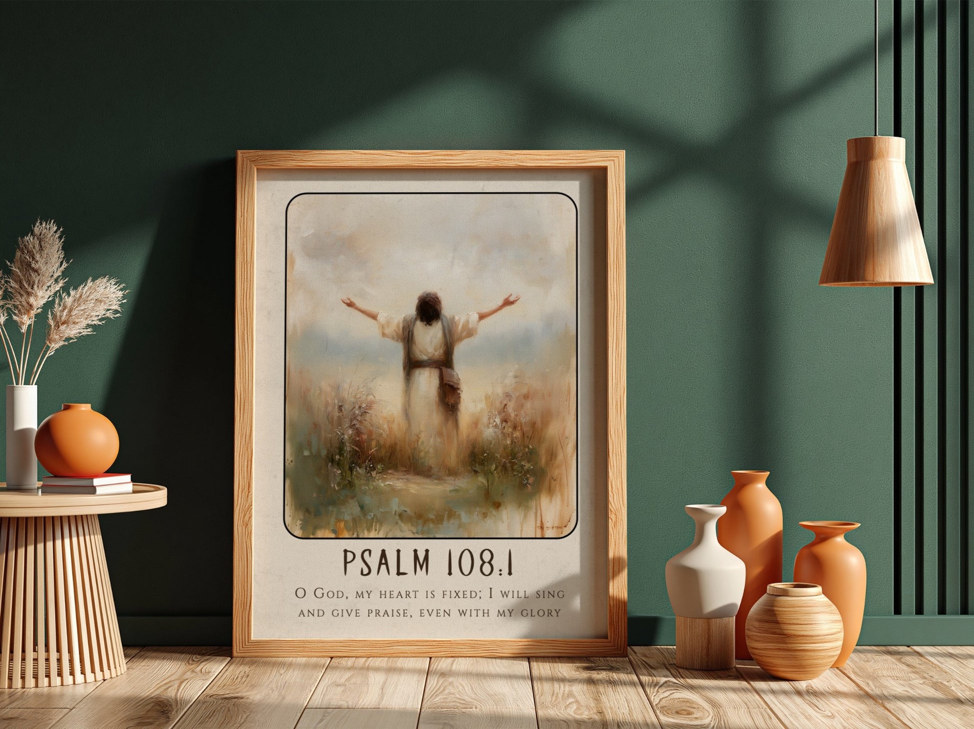 Psalm 108:1 poster featuring a figure in worship with soft colors, inspirational religious artwork for home