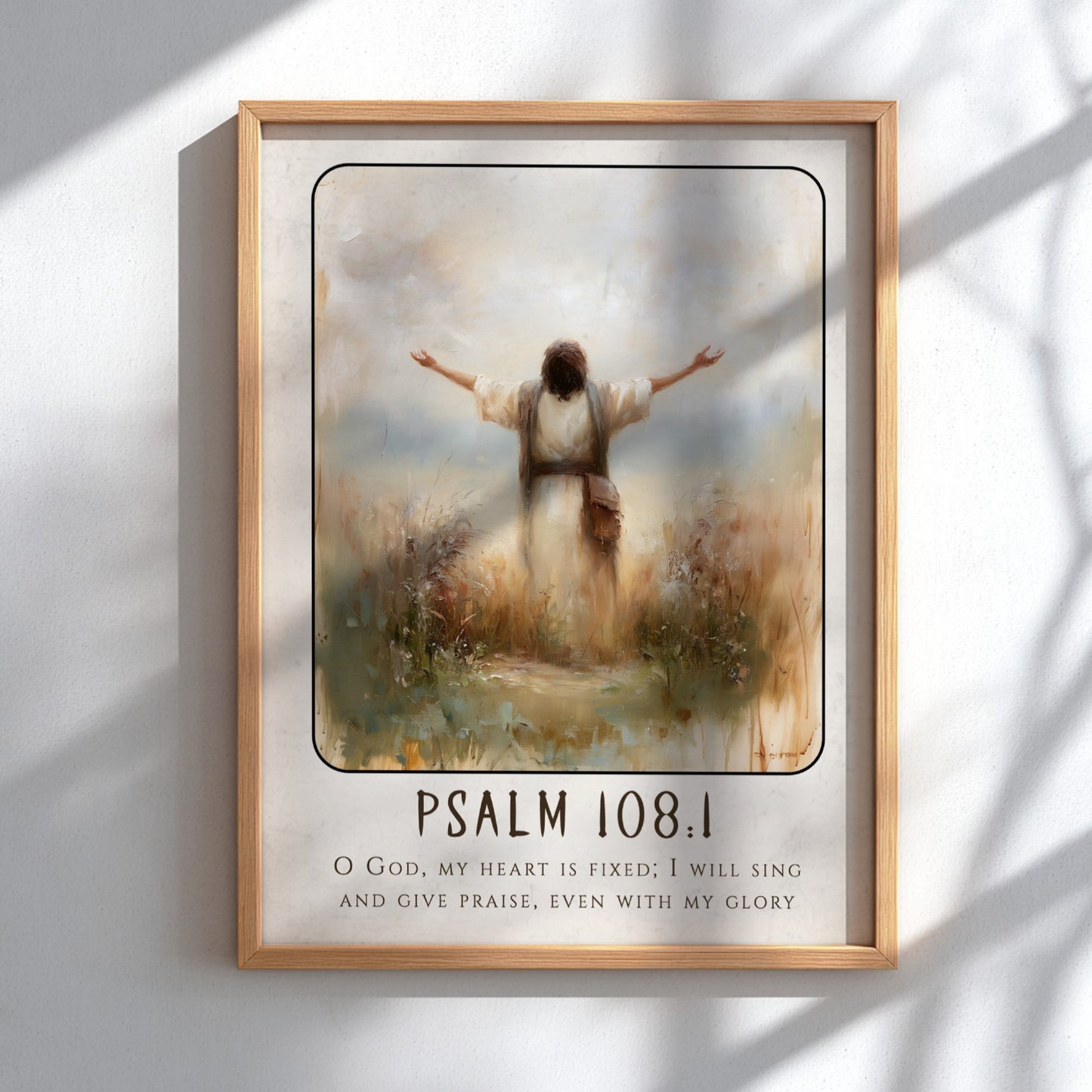 Psalm 108:1 poster featuring a figure in worship with soft colors, inspirational religious artwork for home