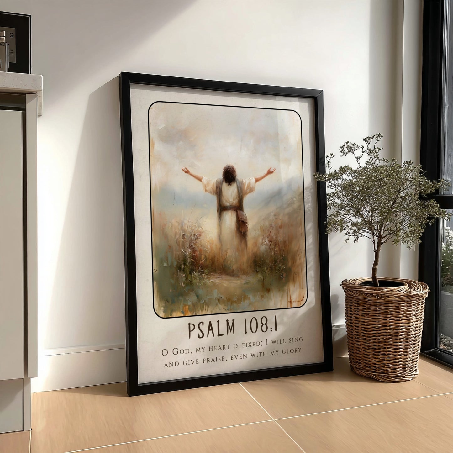 Psalm 108:1 poster featuring a figure in worship with soft colors, inspirational religious artwork for home