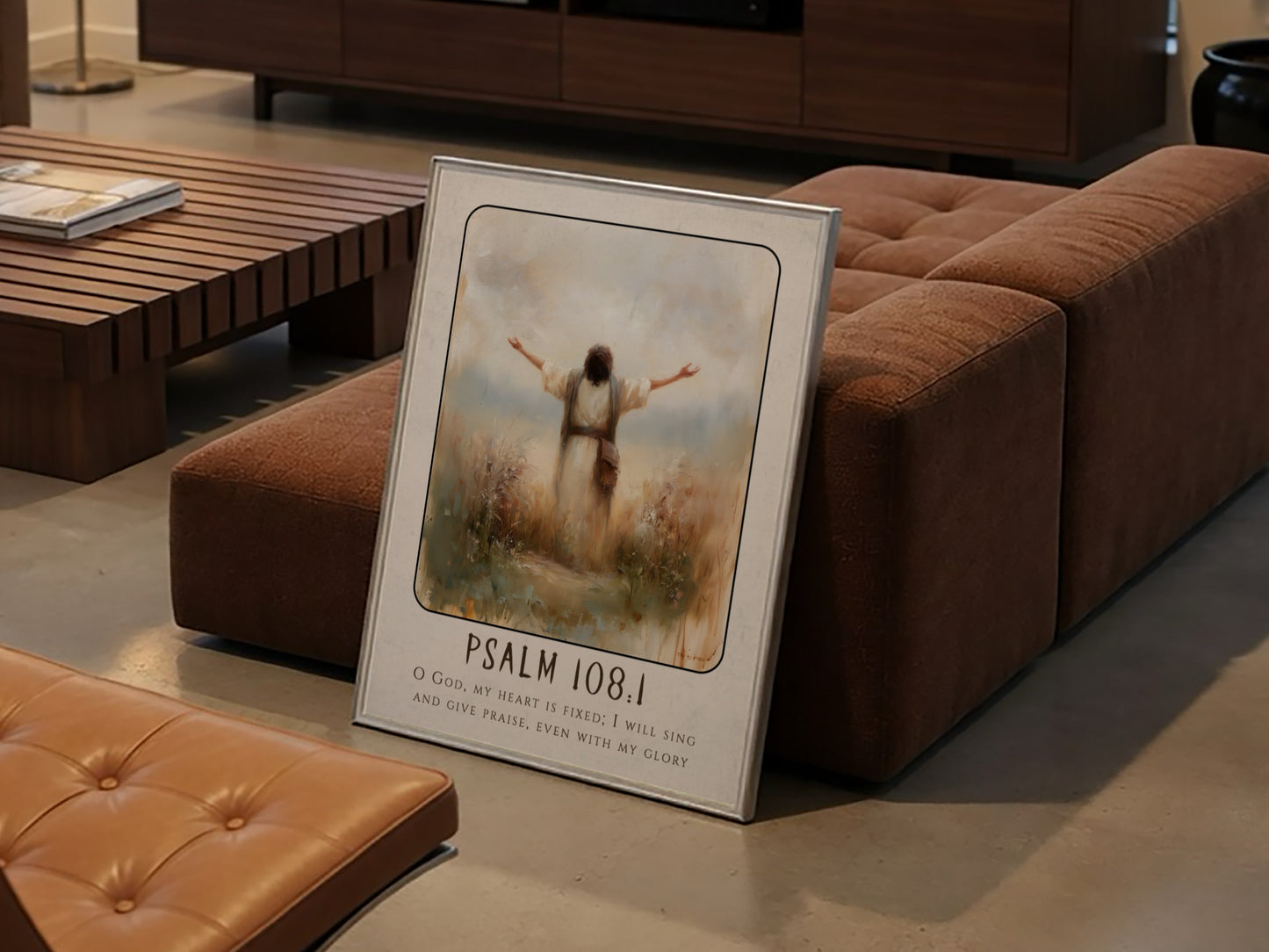 Psalm 108:1 poster featuring a figure in worship with soft colors, inspirational religious artwork for home