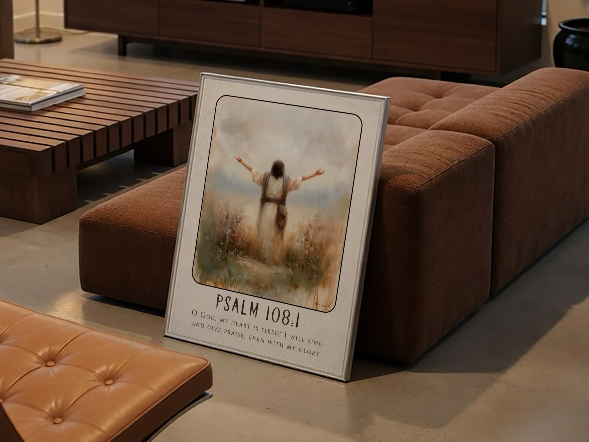 Psalm 108:1 poster featuring a figure in worship with soft colors, inspirational religious artwork for home