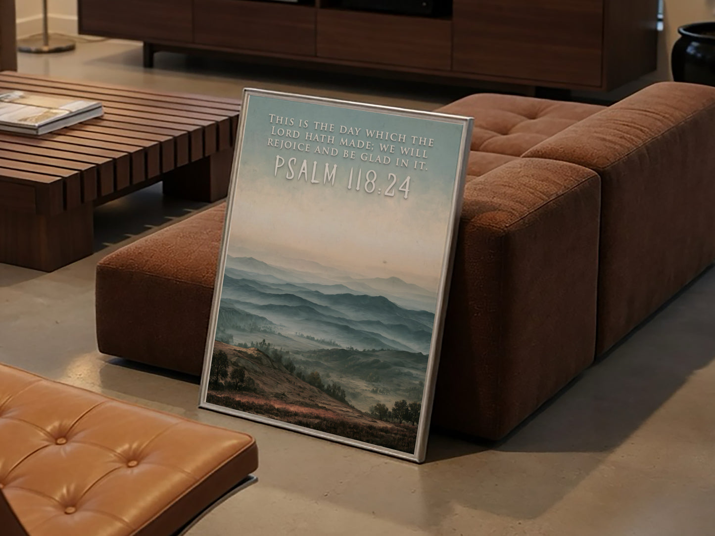 Poster featuring a misty blue mountain range with the quote Psalm 118:24 above.