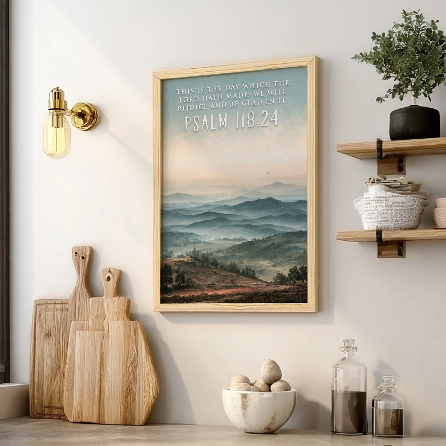 Poster featuring a misty blue mountain range with the quote Psalm 118:24 above.