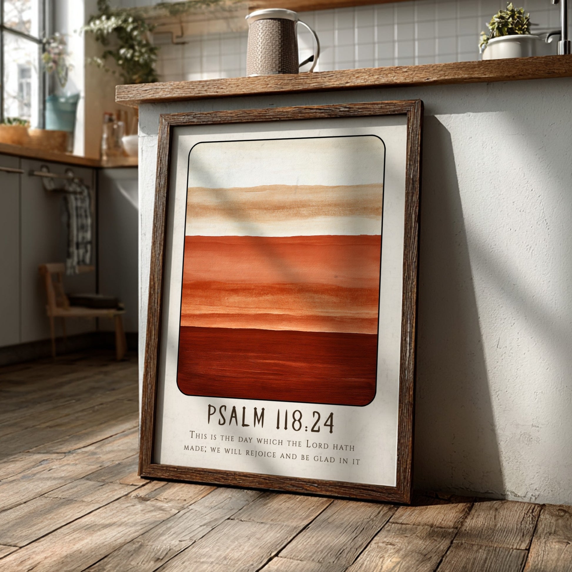 Psalm 118:24 poster featuring warm earthy colors and inspirational design for religious decor