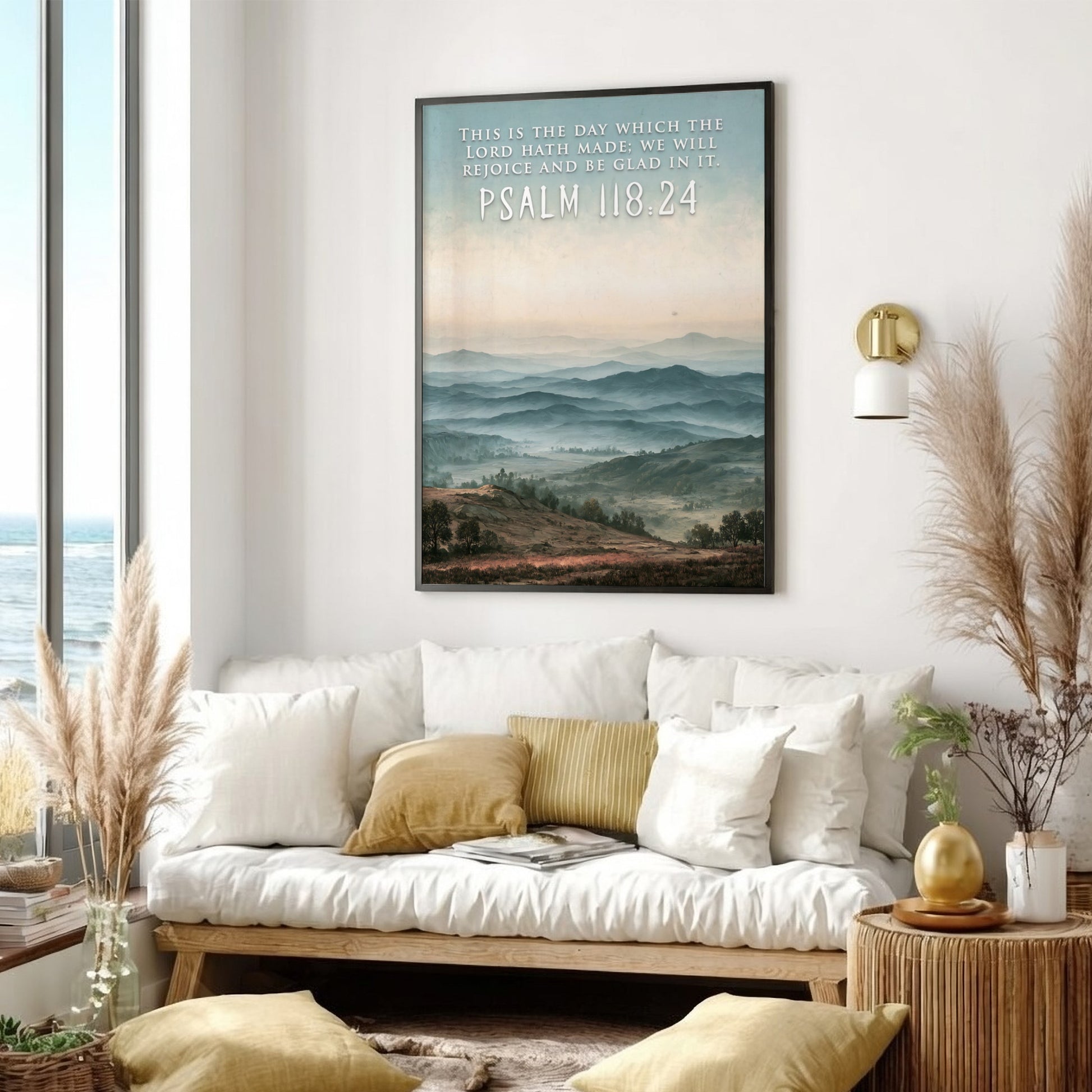 Poster featuring a misty blue mountain range with the quote Psalm 118:24 above.