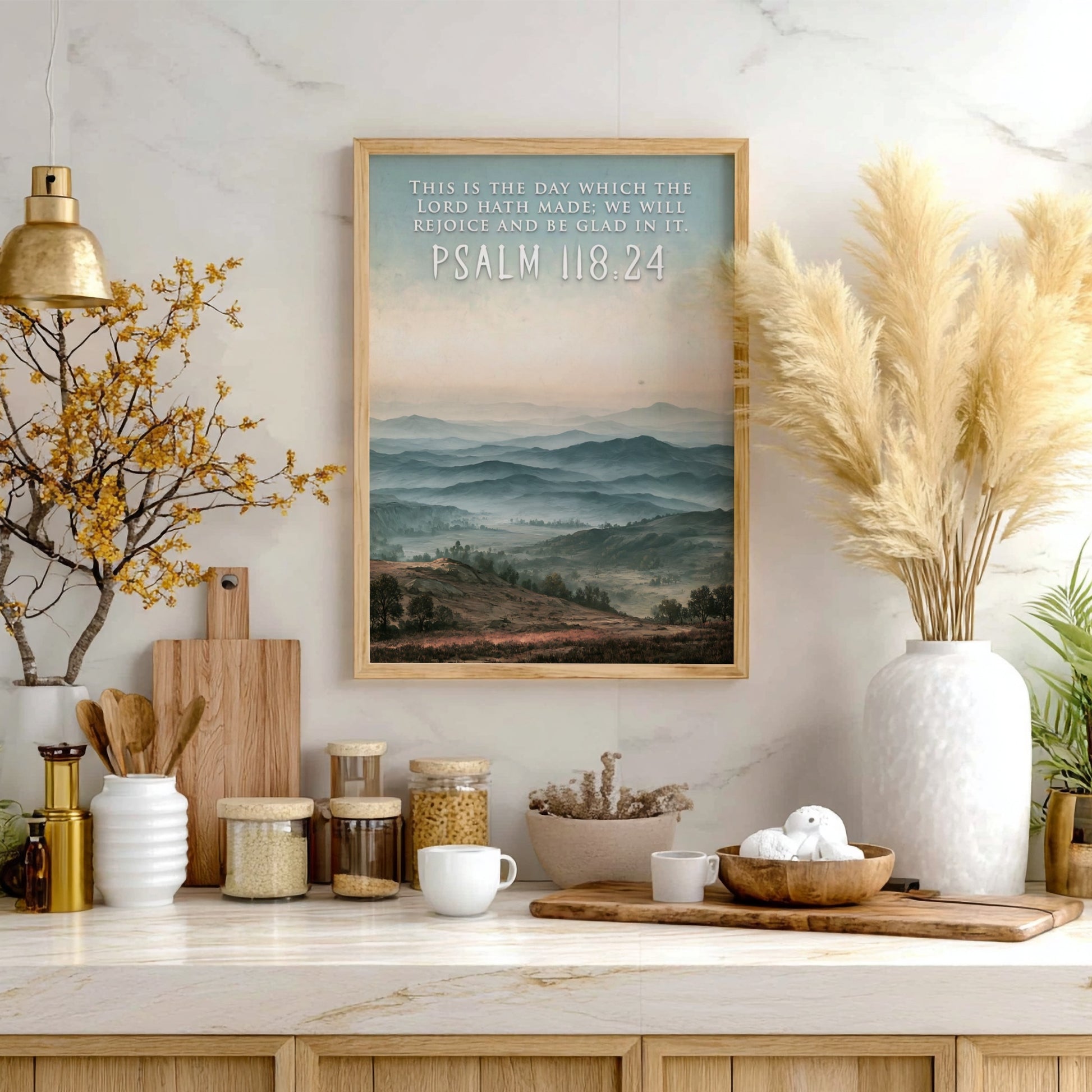 Poster featuring a misty blue mountain range with the quote Psalm 118:24 above.