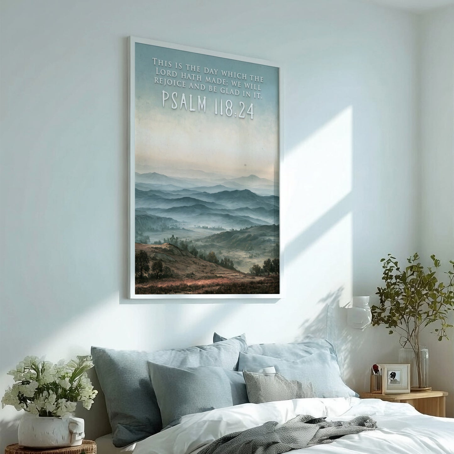 Poster featuring a misty blue mountain range with the quote Psalm 118:24 above.