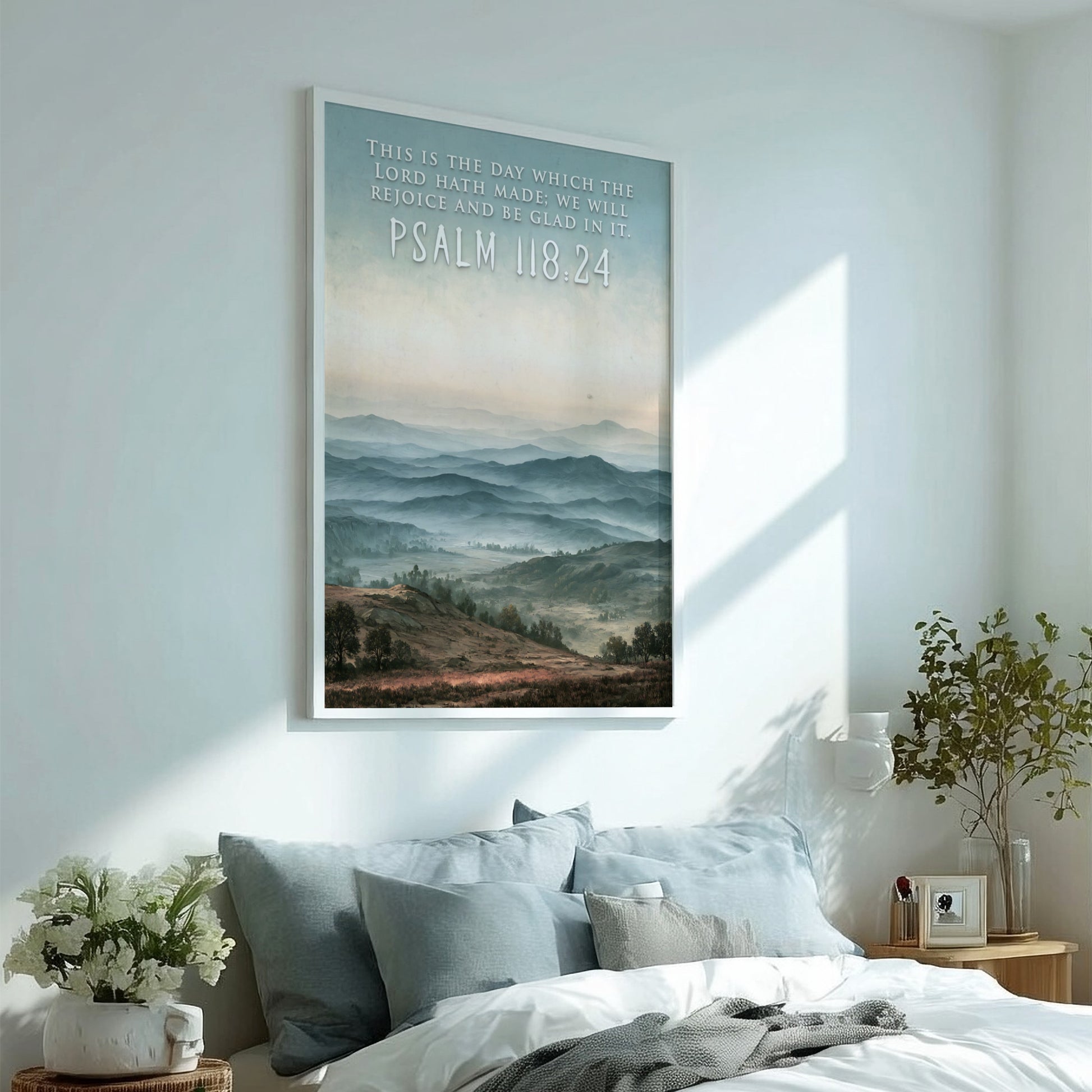 Poster featuring a misty blue mountain range with the quote Psalm 118:24 above.