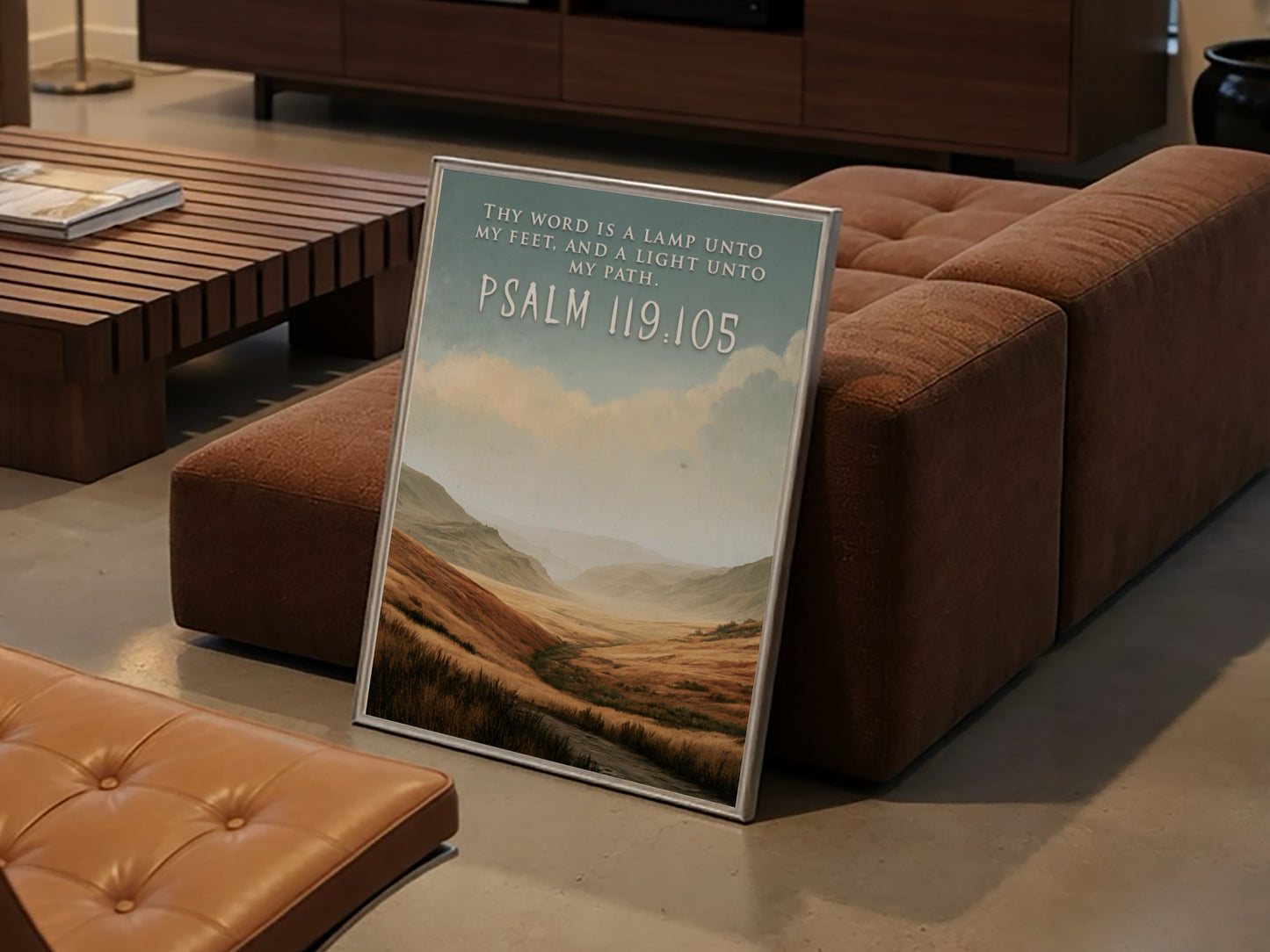 Poster featuring golden rolling hills under a soft sky with scripture text overlay.