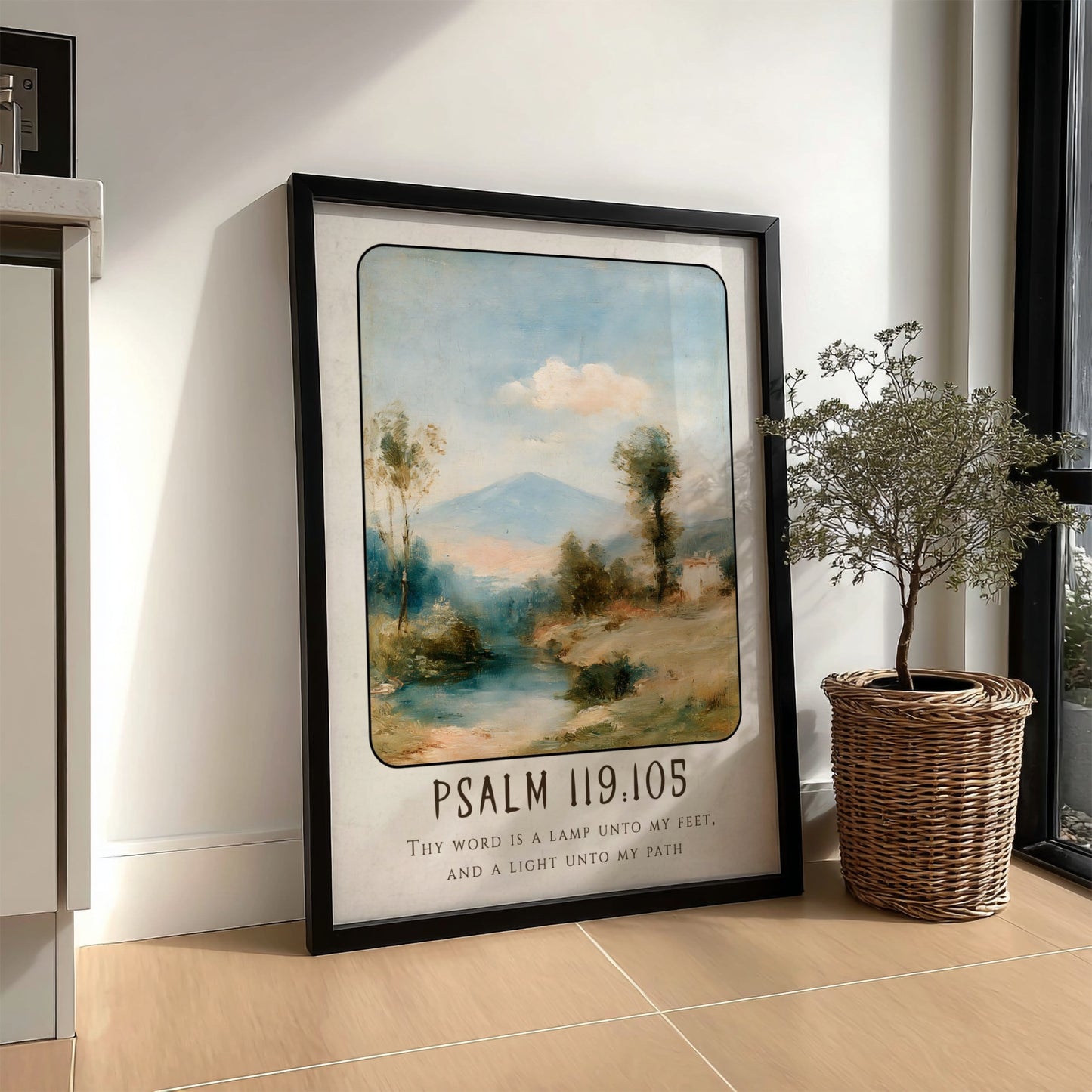 Inspirational poster featuring Psalm 119:105 with serene landscape and soft colors