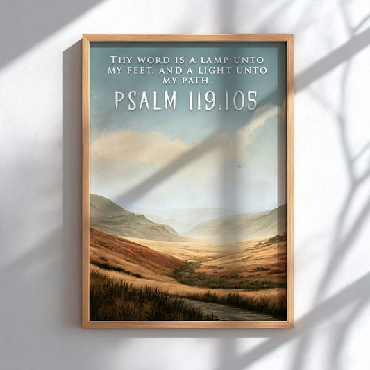 Poster featuring golden rolling hills under a soft sky with scripture text overlay.