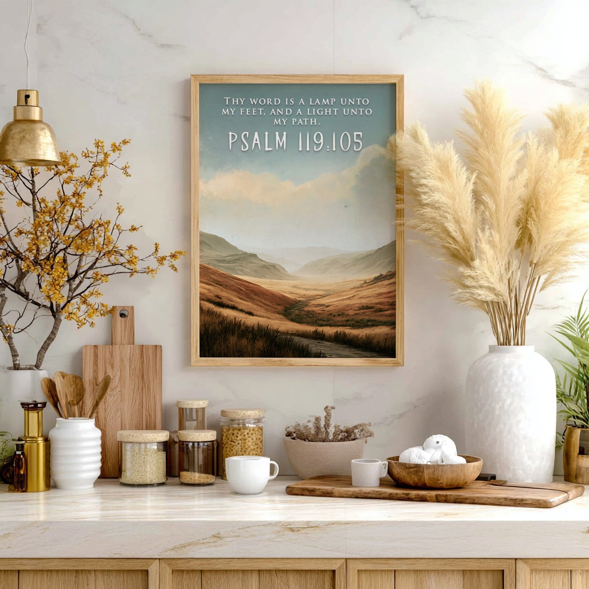 Poster featuring golden rolling hills under a soft sky with scripture text overlay.