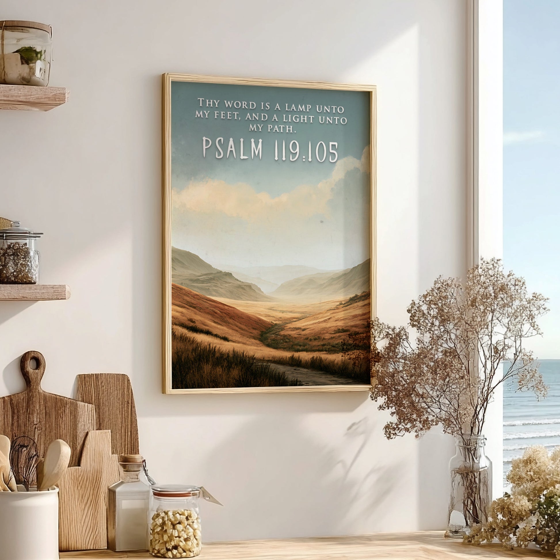 Poster featuring golden rolling hills under a soft sky with scripture text overlay.