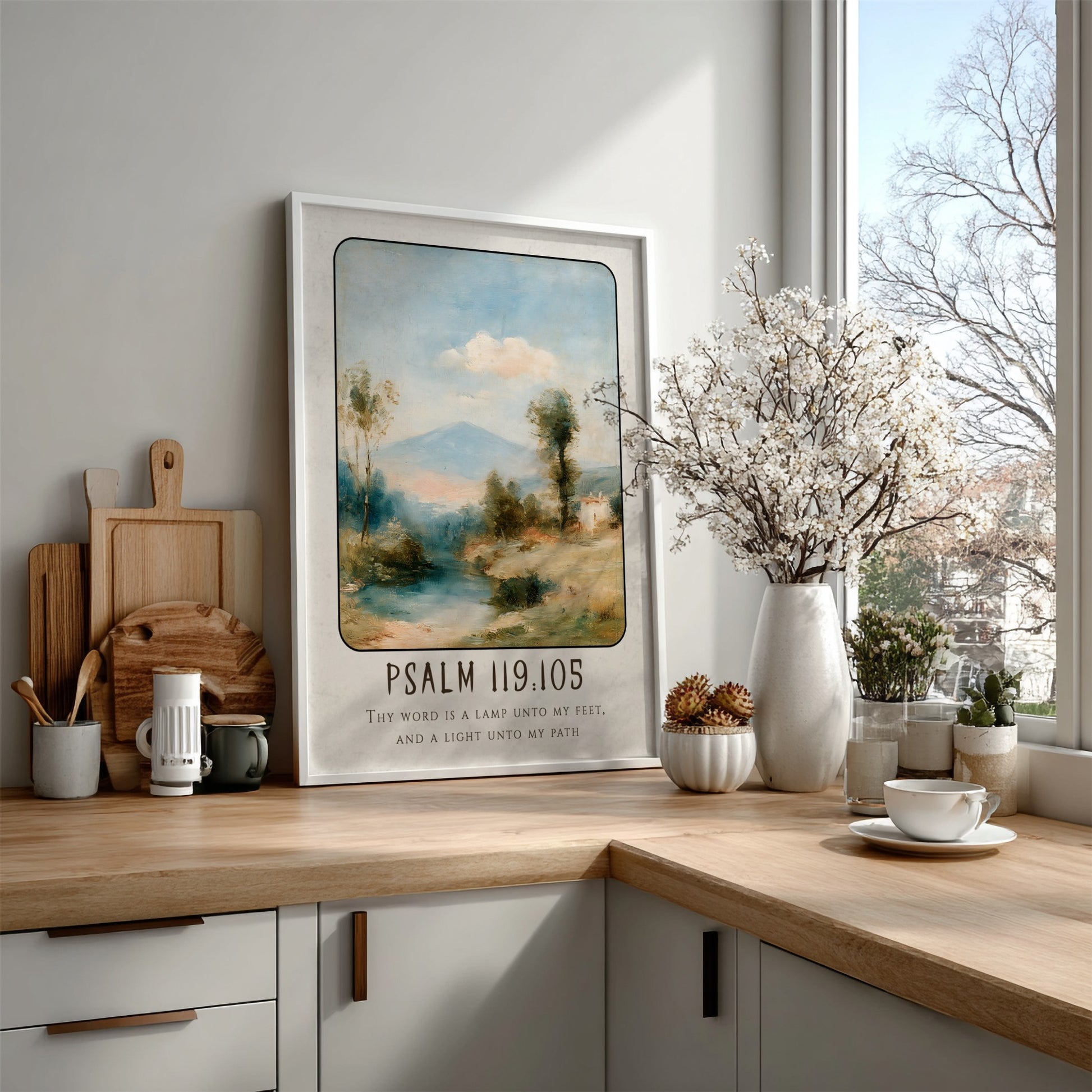 Inspirational poster featuring Psalm 119:105 with serene landscape and soft colors