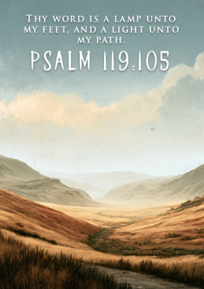 Poster featuring golden rolling hills under a soft sky with scripture text overlay.