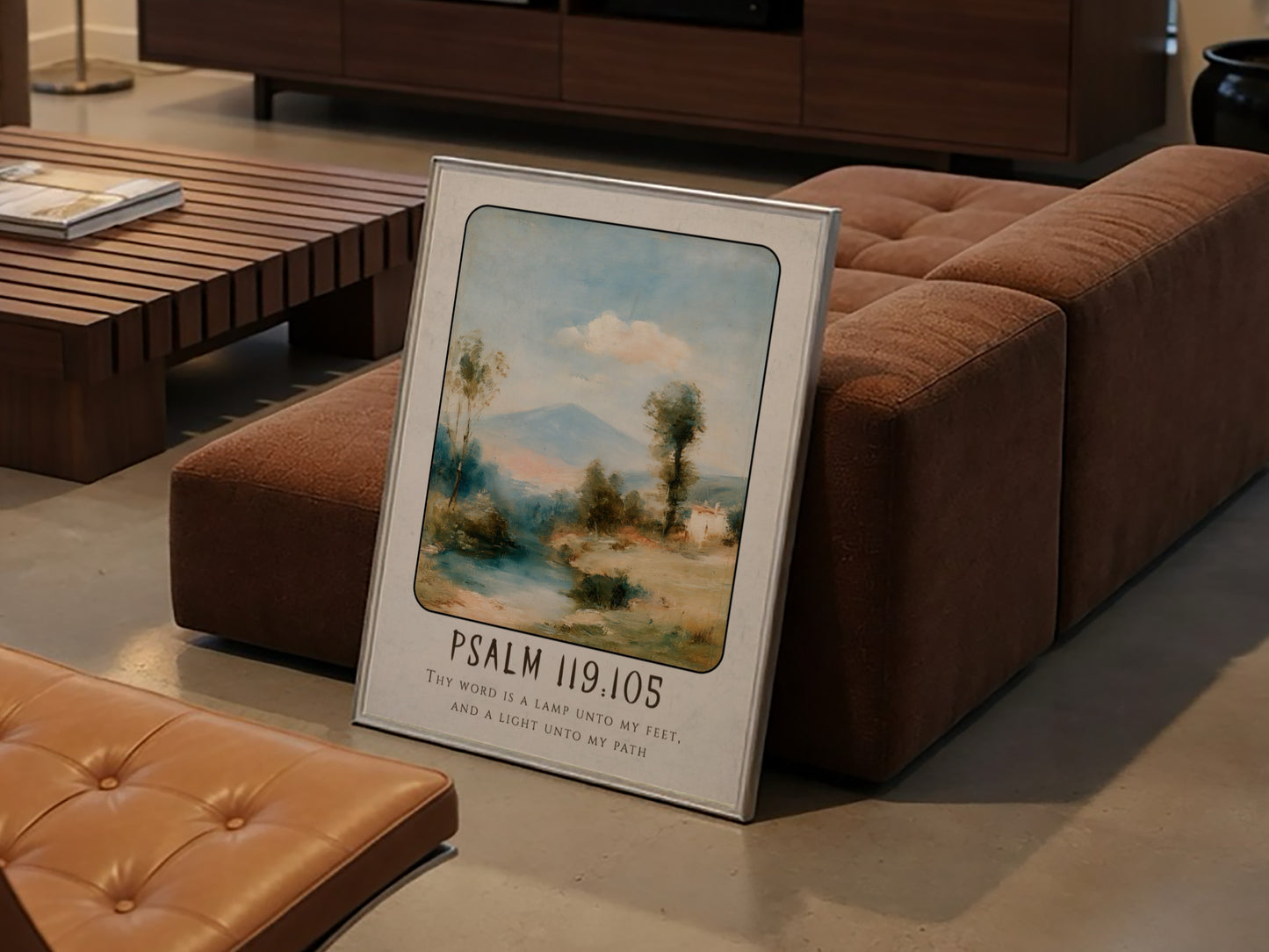 Inspirational poster featuring Psalm 119:105 with serene landscape and soft colors
