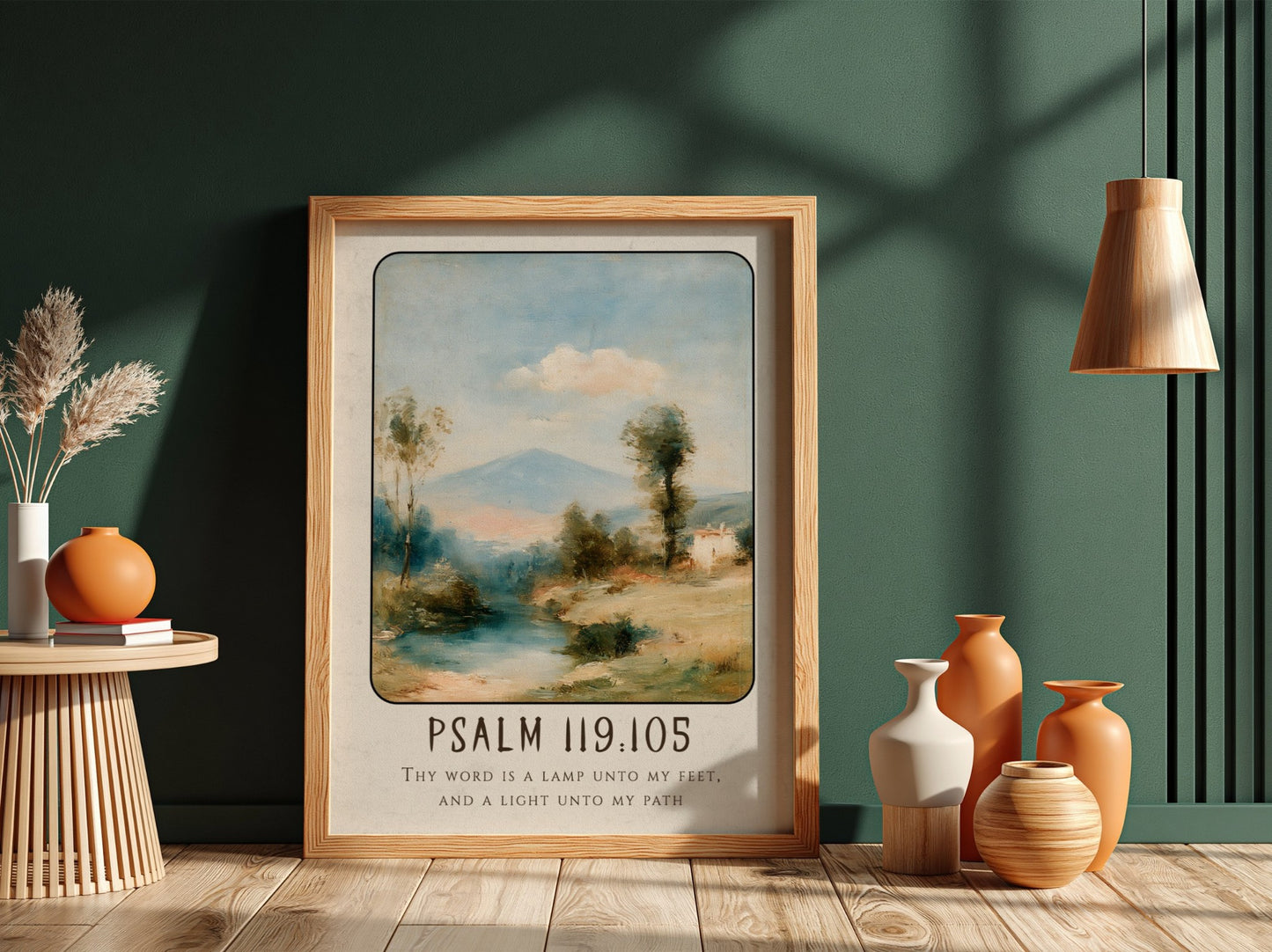 Inspirational poster featuring Psalm 119:105 with serene landscape and soft colors