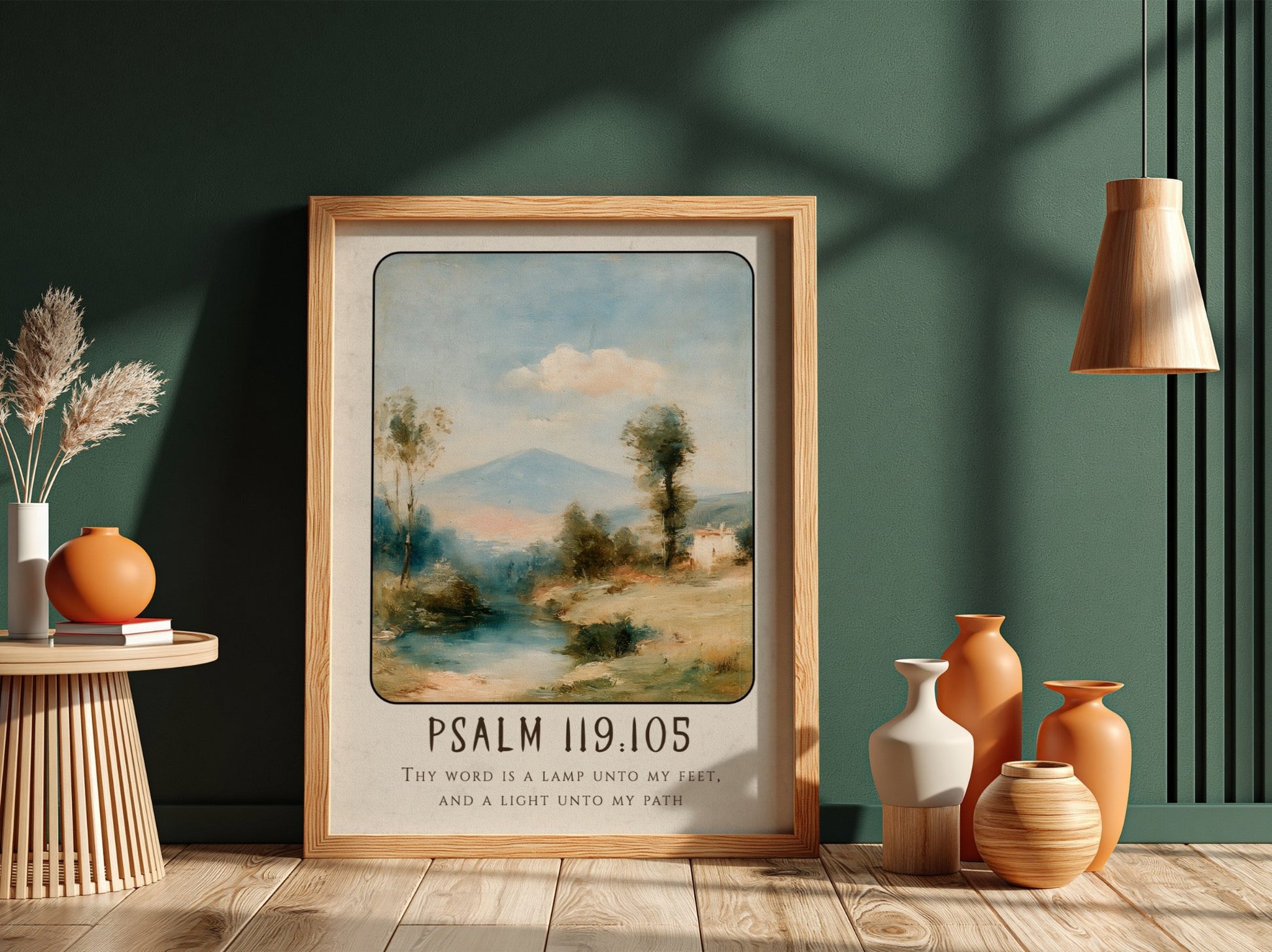 Inspirational poster featuring Psalm 119:105 with serene landscape and soft colors