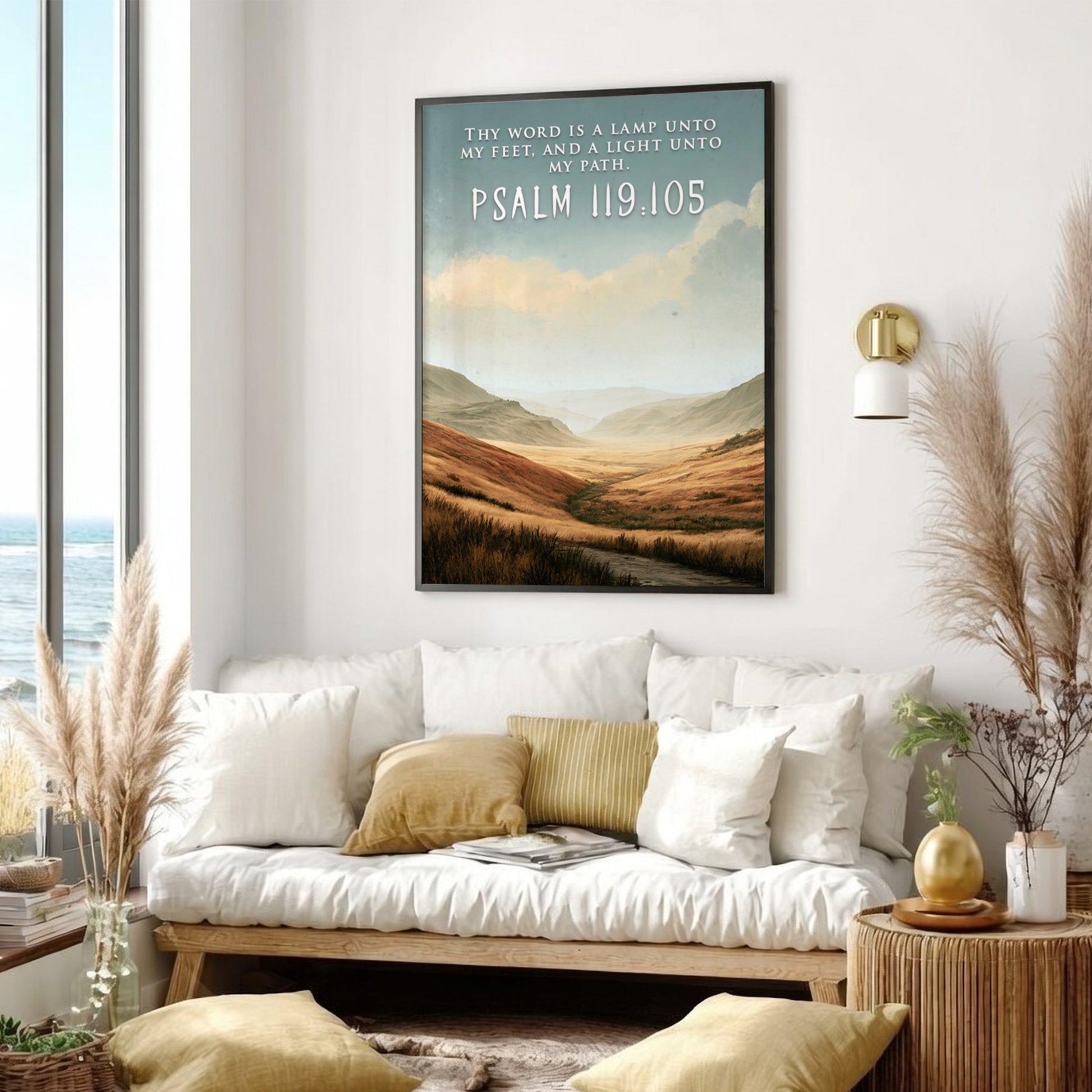 Poster featuring golden rolling hills under a soft sky with scripture text overlay.