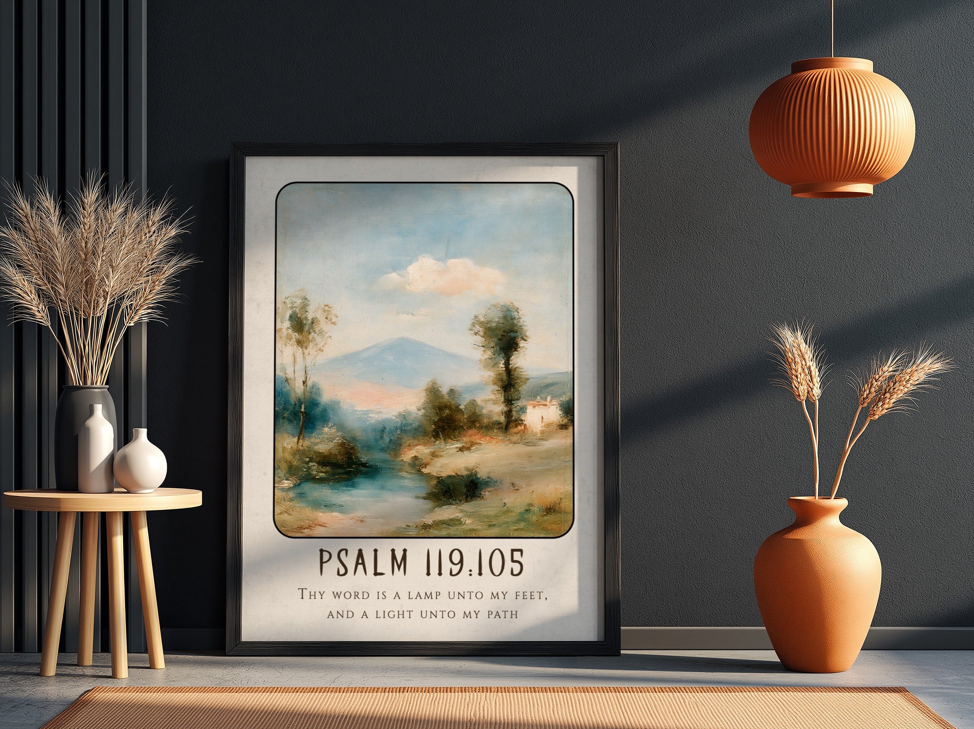 Inspirational poster featuring Psalm 119:105 with serene landscape and soft colors