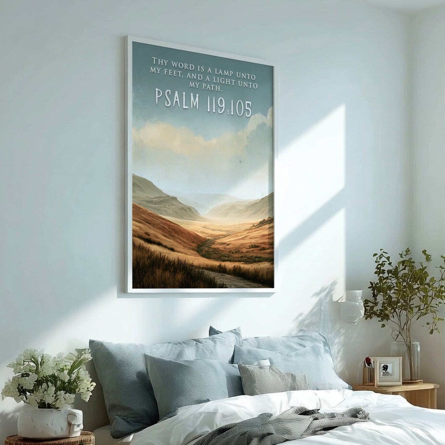 Poster featuring golden rolling hills under a soft sky with scripture text overlay.