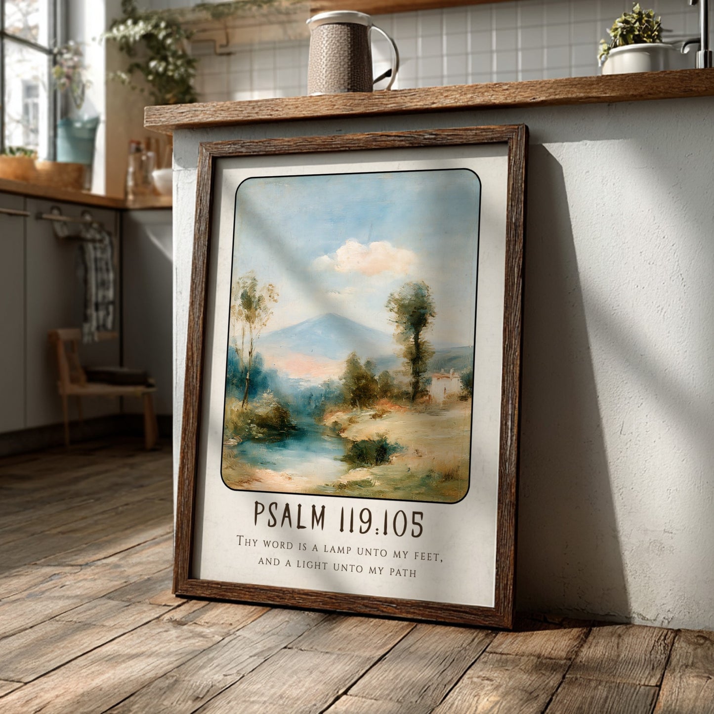 Inspirational poster featuring Psalm 119:105 with serene landscape and soft colors