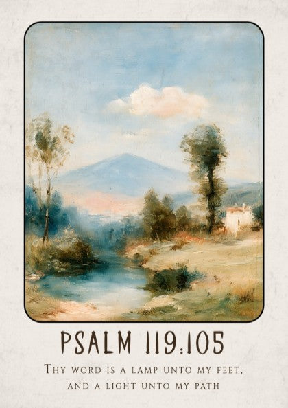 Inspirational poster featuring Psalm 119:105 with serene landscape and soft colors