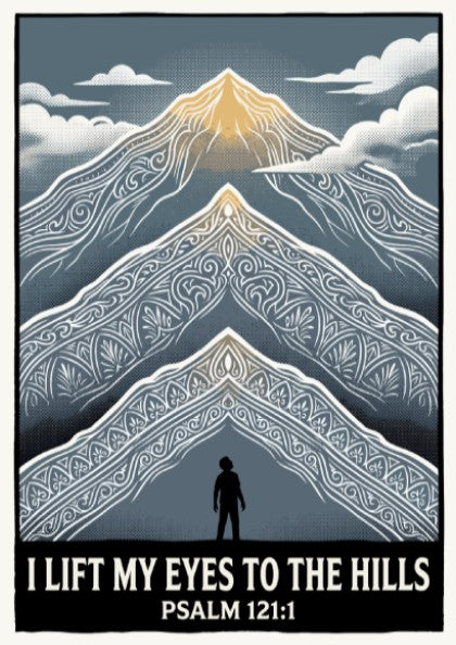 Poster displaying a silhouetted figure gazing at layered mountain peaks with gold highlights