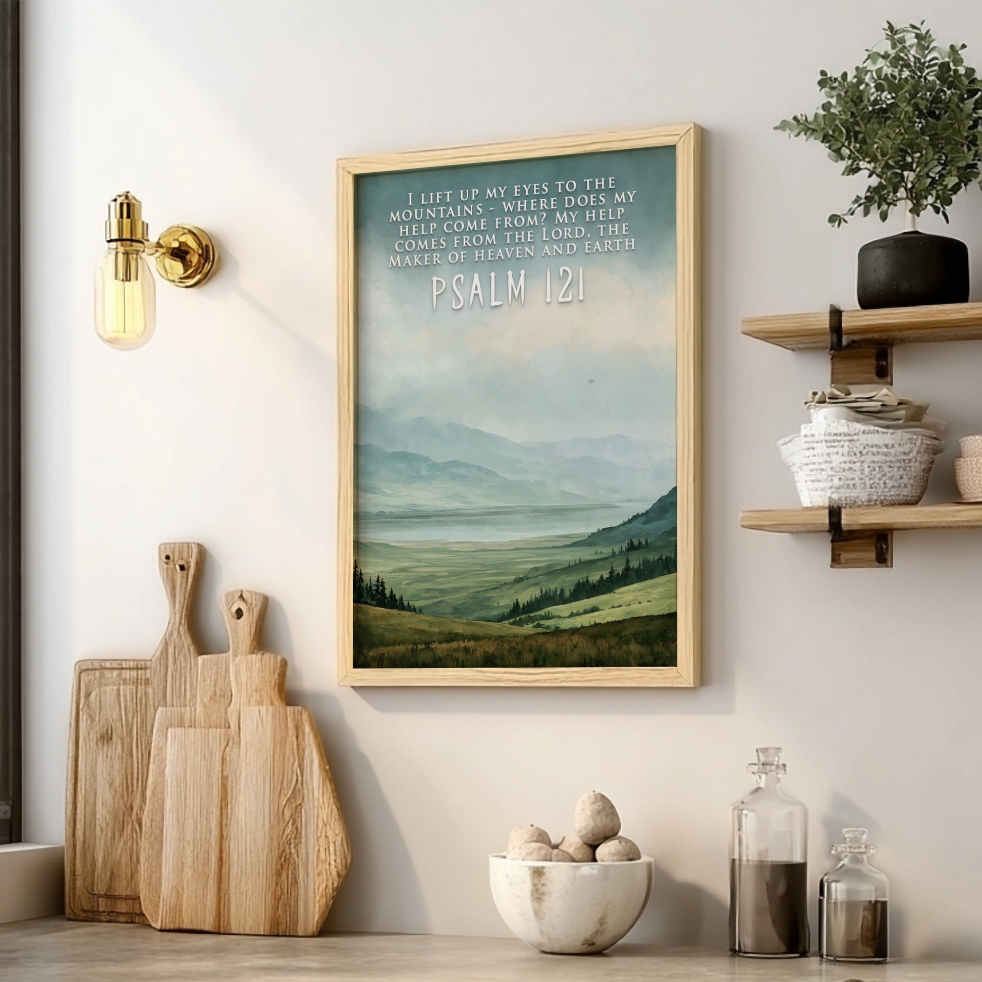 Poster featuring a mountain landscape with rolling green hills and Psalm 121 scripture text.