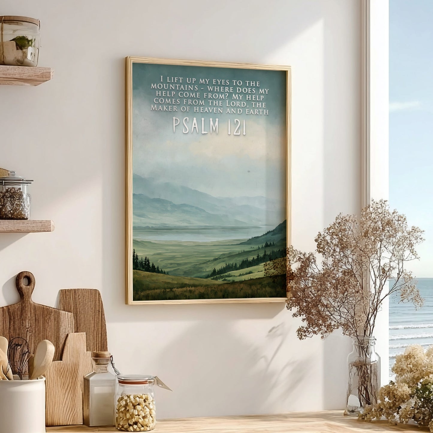 Poster featuring a mountain landscape with rolling green hills and Psalm 121 scripture text.