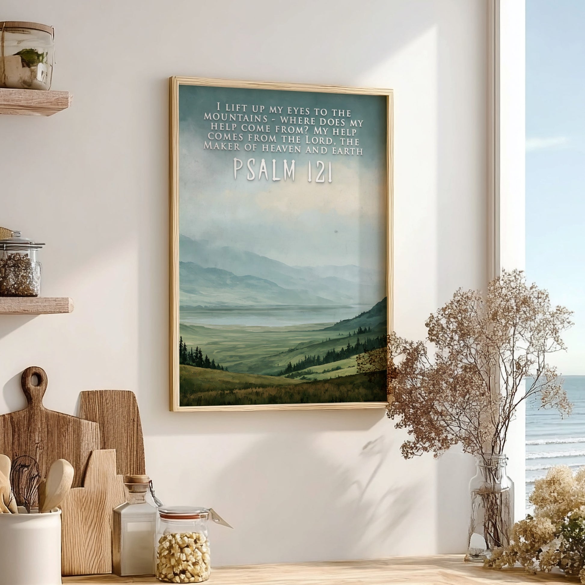 Poster featuring a mountain landscape with rolling green hills and Psalm 121 scripture text.
