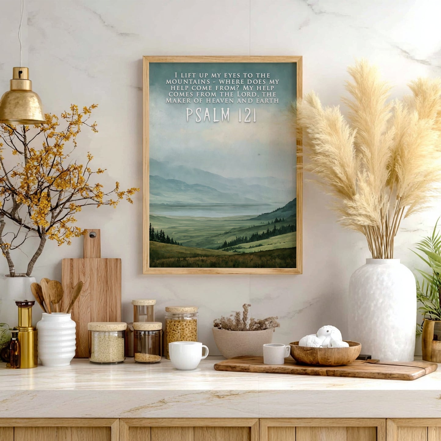 Poster featuring a mountain landscape with rolling green hills and Psalm 121 scripture text.