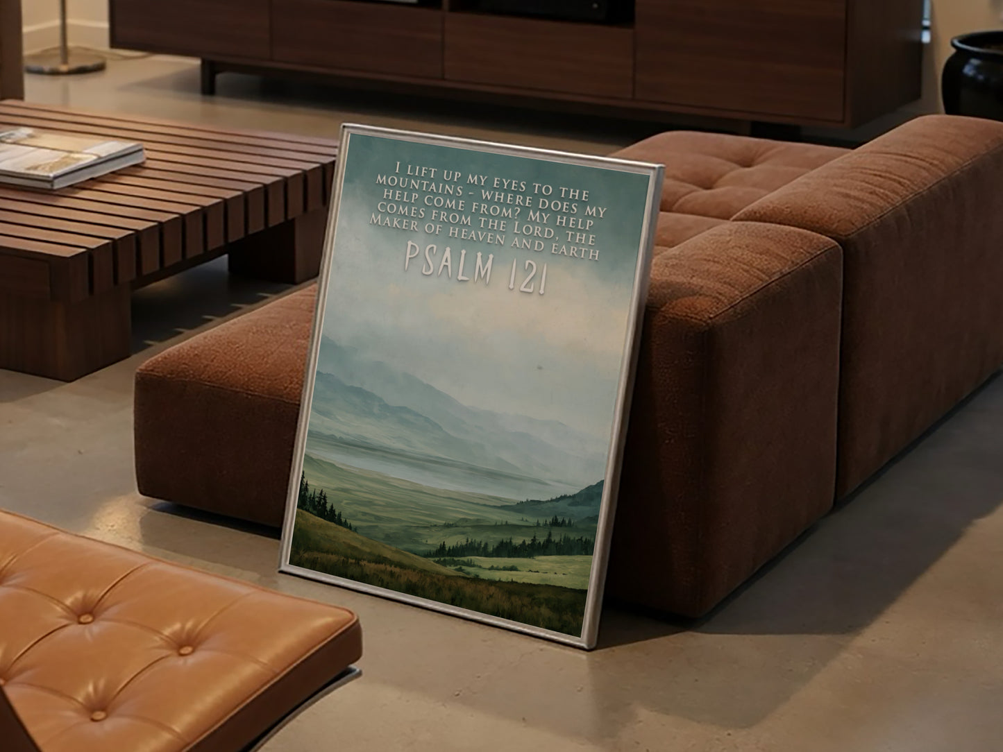 Poster featuring a mountain landscape with rolling green hills and Psalm 121 scripture text.