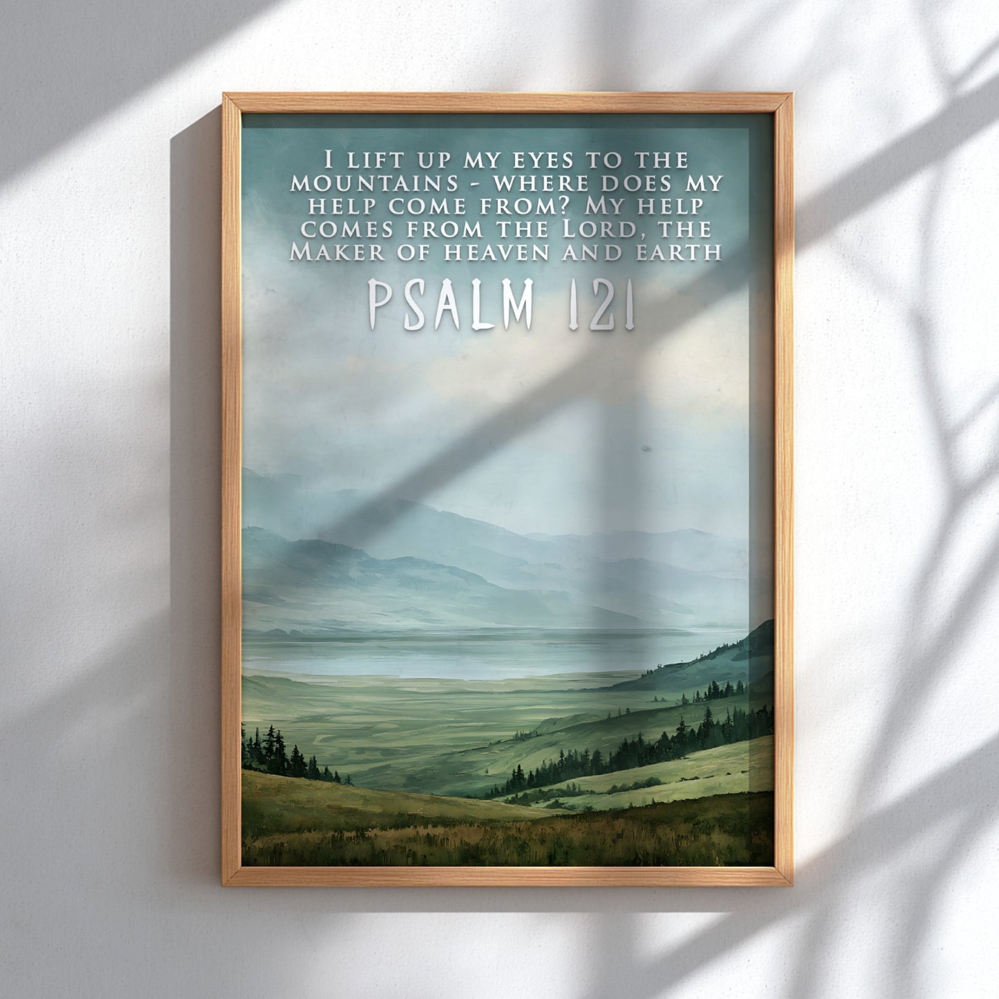Poster featuring a mountain landscape with rolling green hills and Psalm 121 scripture text.
