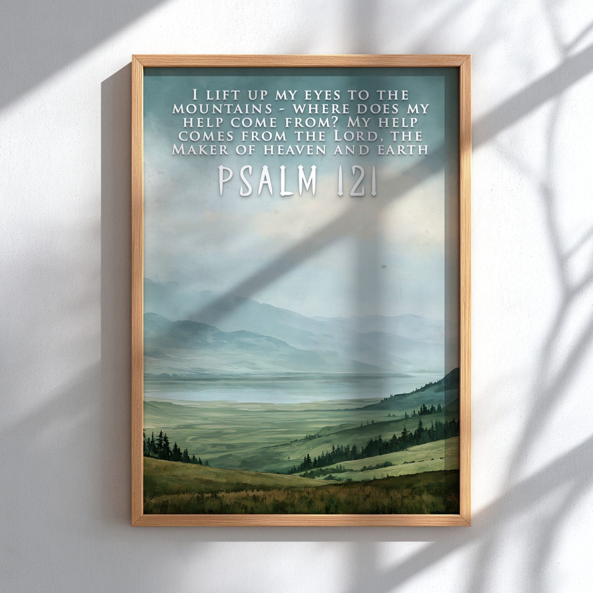 Poster featuring a mountain landscape with rolling green hills and Psalm 121 scripture text.