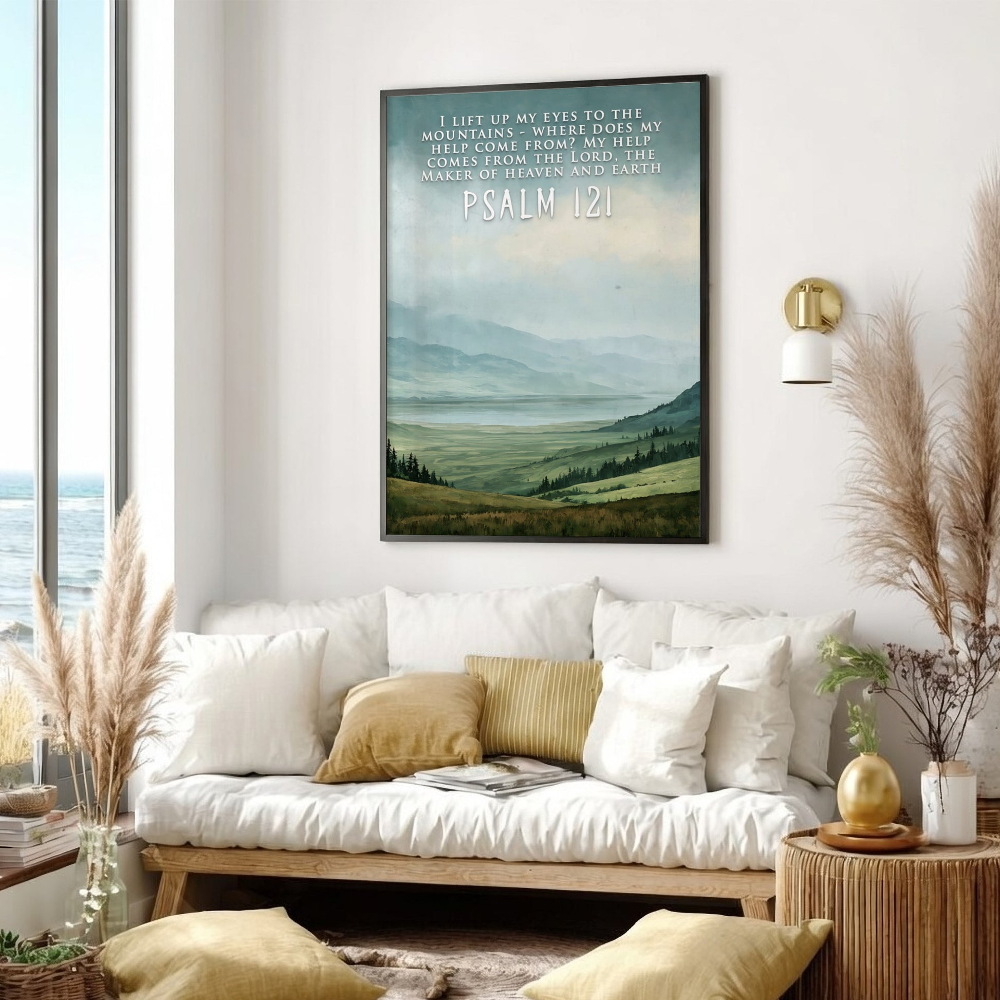 Poster featuring a mountain landscape with rolling green hills and Psalm 121 scripture text.