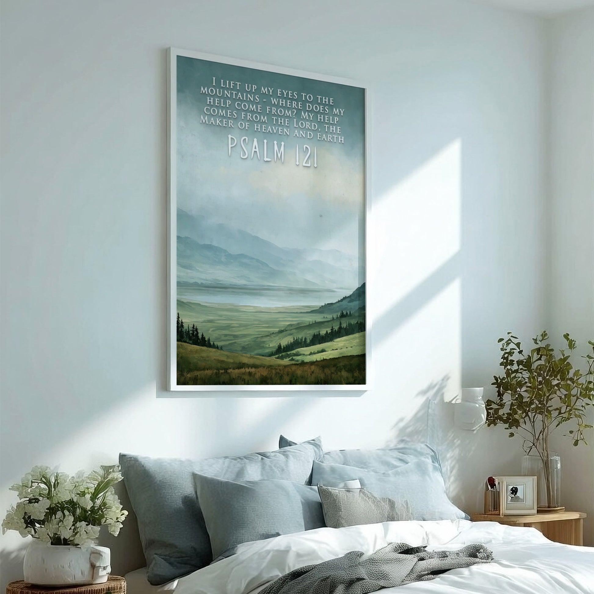 Poster featuring a mountain landscape with rolling green hills and Psalm 121 scripture text.