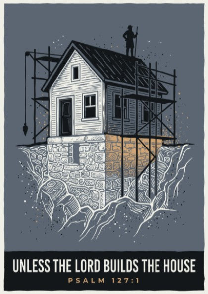 Poster featuring a house under construction on a stone foundation with scripture text overlay.